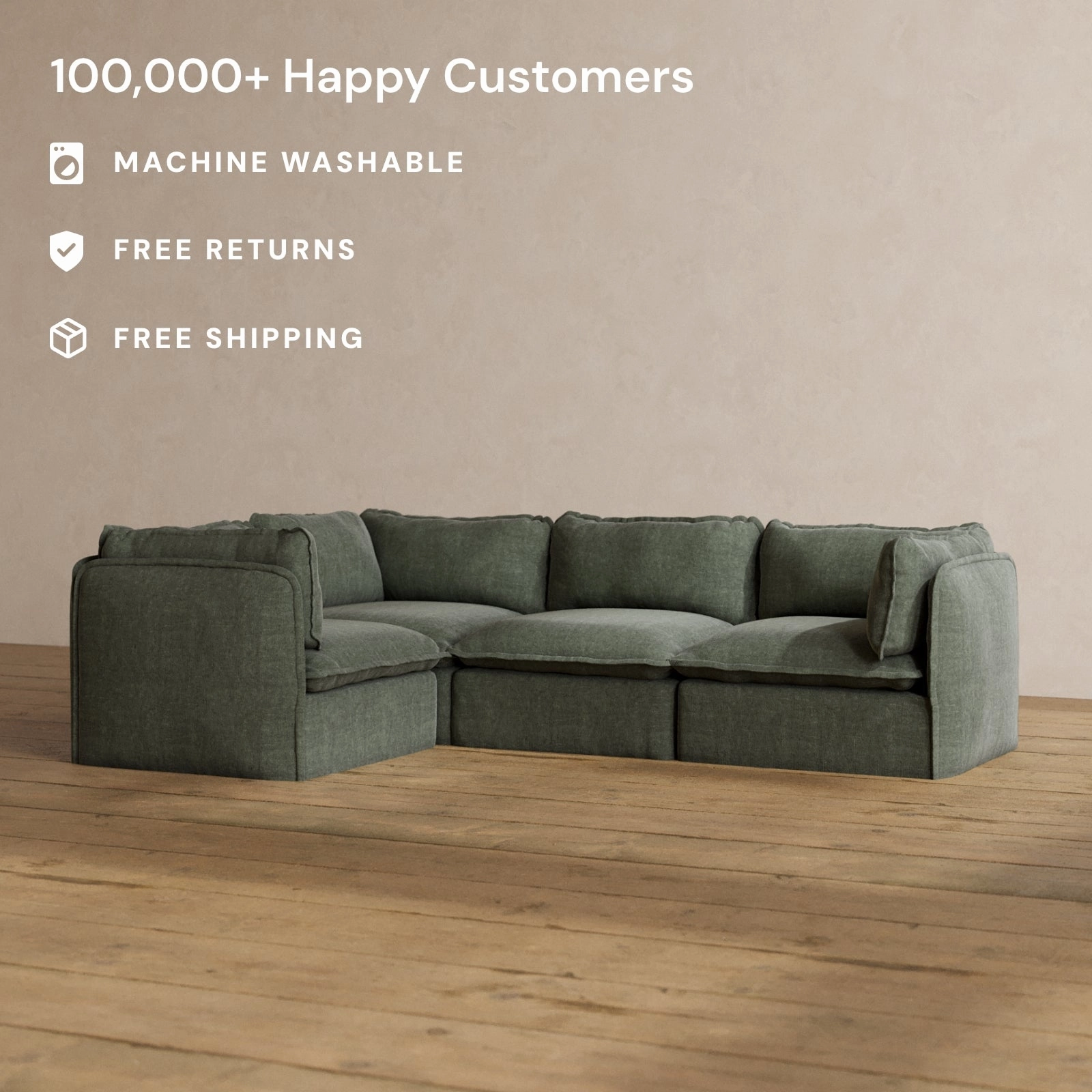 Modular Washable 4-Seater Corner Sectional in Willow | Deluxe  Seat | Cloud Pillow