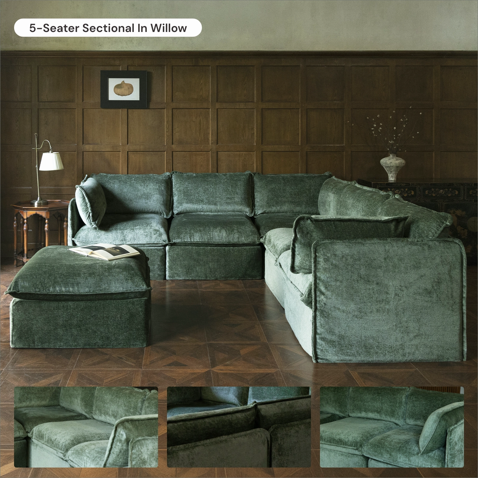 Modular Washable 4-Seater Corner Sectional in Willow | Deluxe  Seat | Cloud Pillow