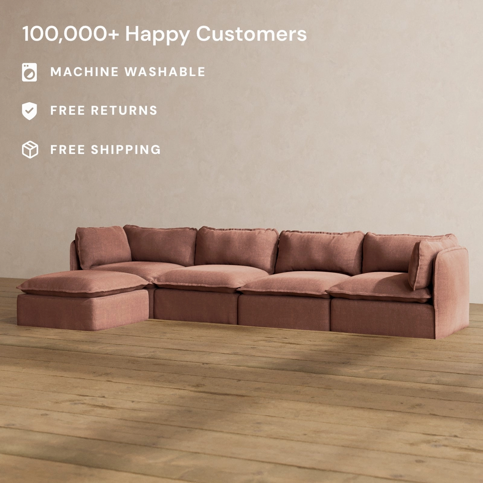 Modular Washable 4-Seater Sectional in Chestnut | Deluxe  Seat | Cloud Pillow
