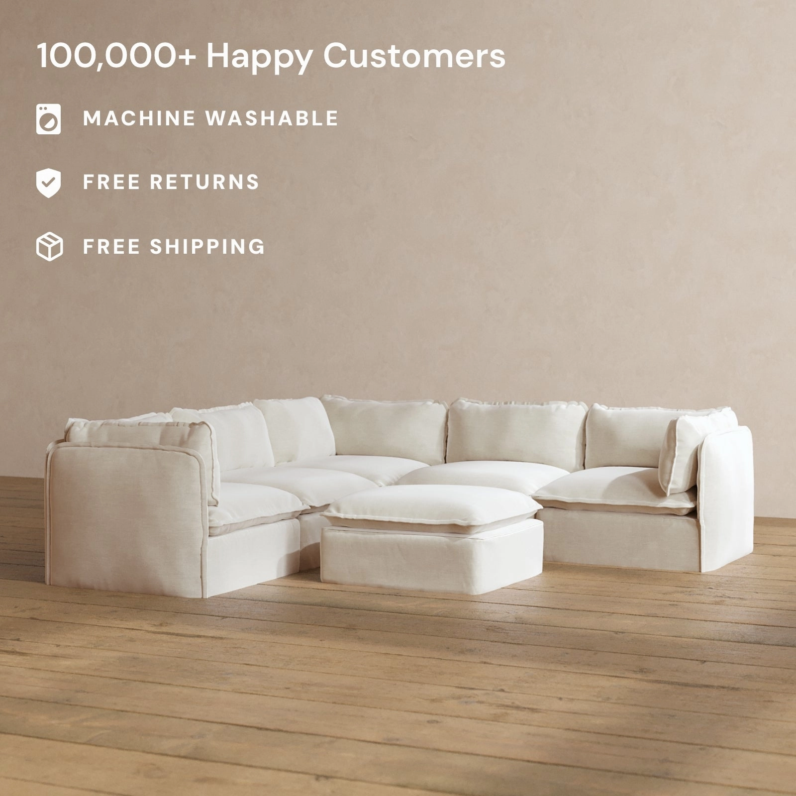 Modular Washable 5-Seater Corner Sectional   Ottoman in Coco | Deluxe  Seat | Cloud Pillow