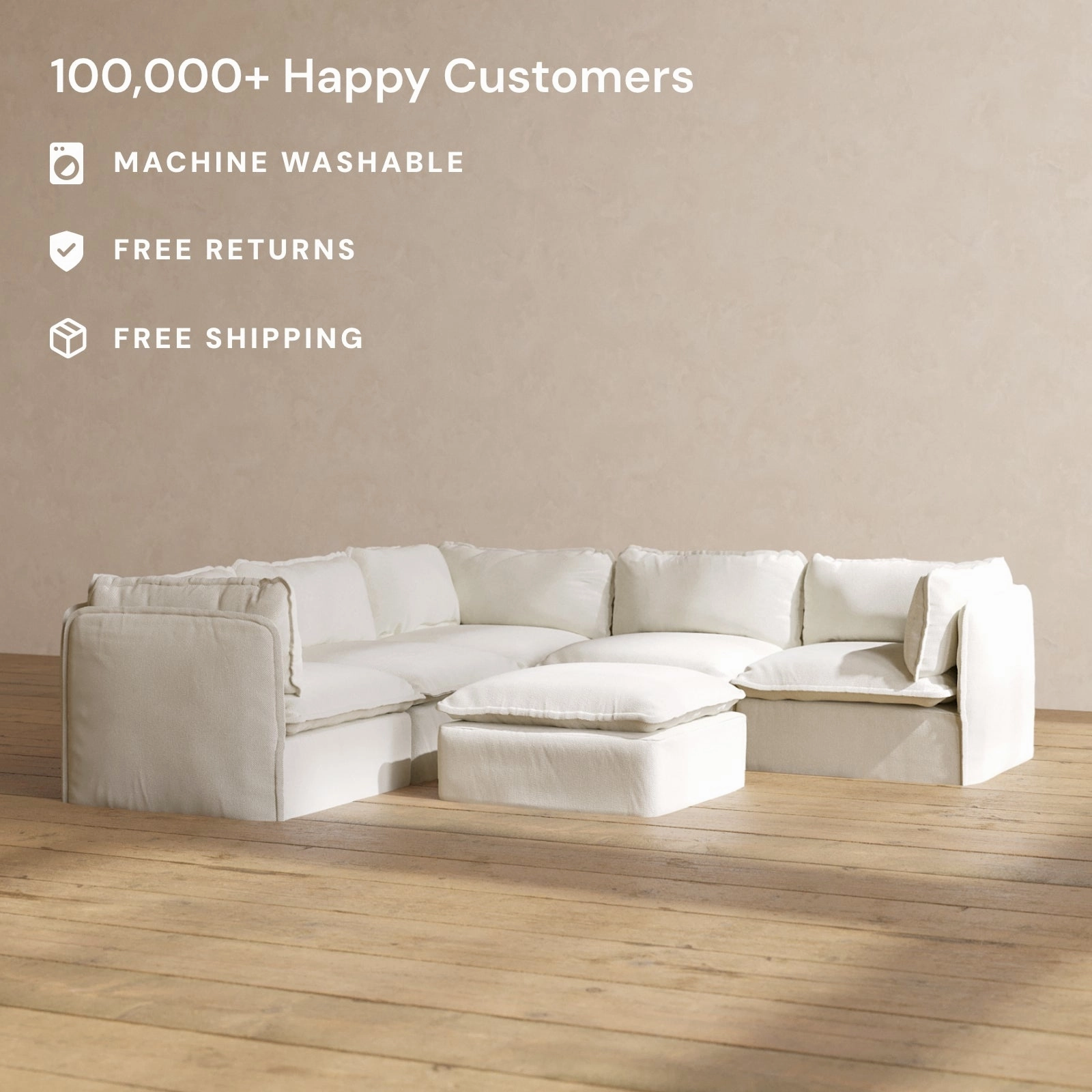 Modular Washable 5-Seater Corner Sectional   Ottoman in Eggshell | Deluxe  Seat | Cloud Pillow