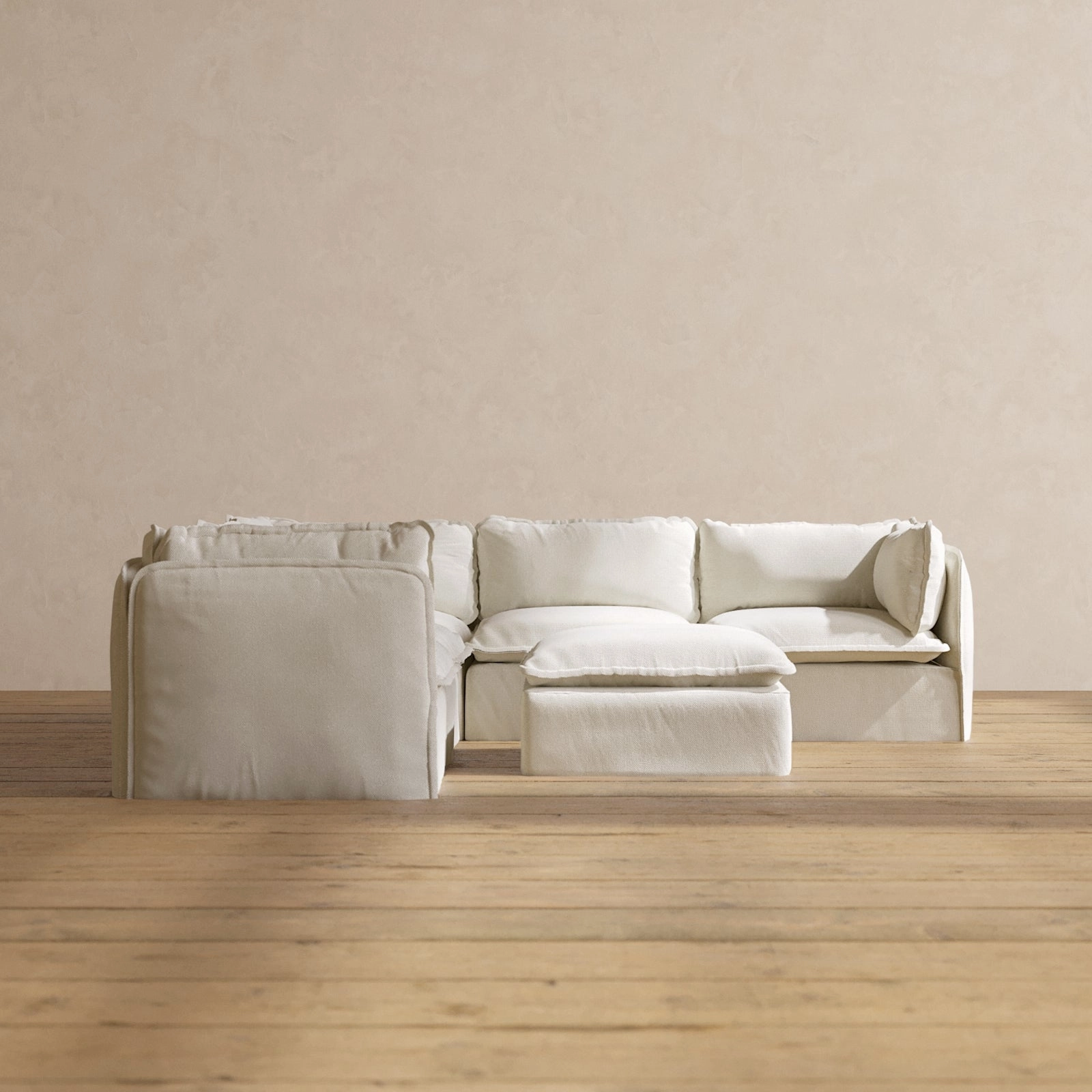 Modular Washable 5-Seater Corner Sectional   Ottoman in Eggshell | Deluxe  Seat | Cloud Pillow