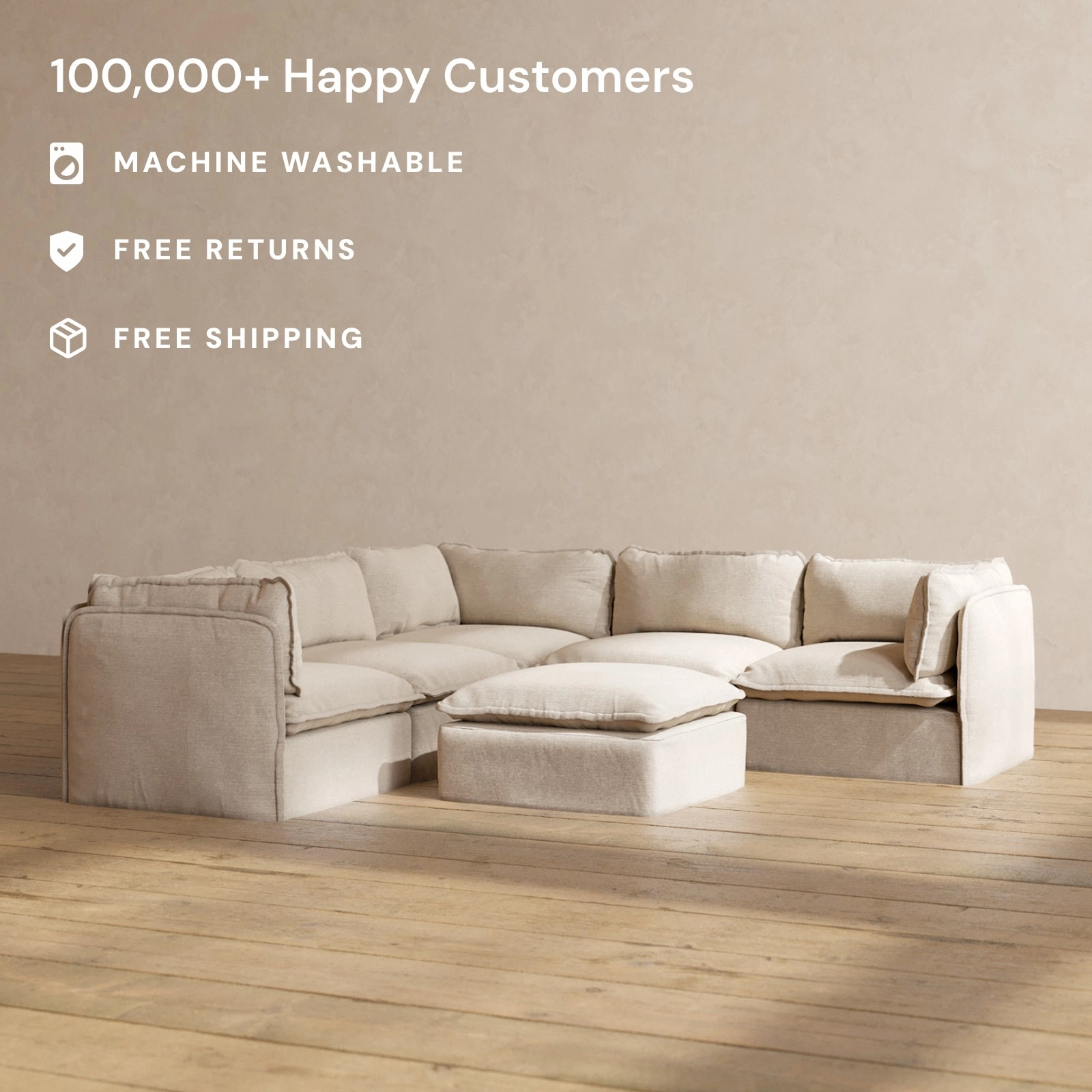 Modular Washable 5-Seater Corner Sectional   Ottoman in Oat | Memorix  Seat | Contour Pillow