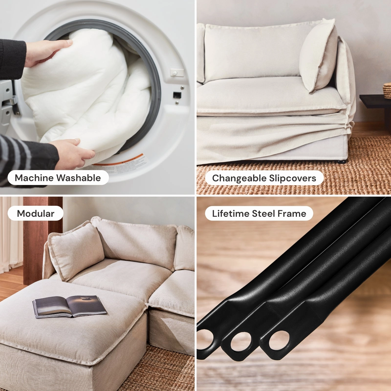 Modular Washable 5-Seater Corner Sectional   Ottoman in Oat | Memorix  Seat | Contour Pillow