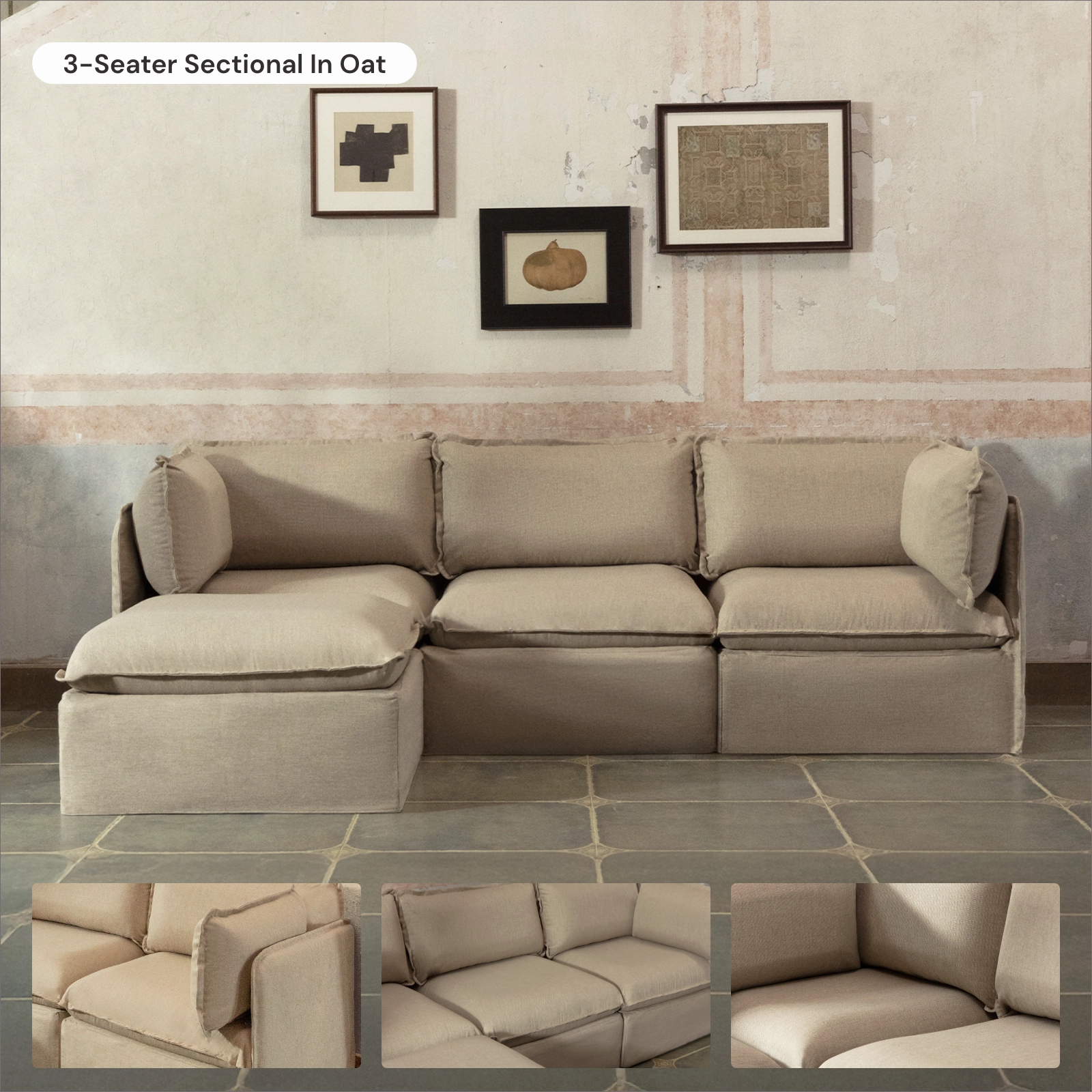 Modular Washable 5-Seater Corner Sectional   Ottoman in Oat | Memorix  Seat | Contour Pillow