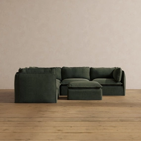 Modular Washable 5-Seater Corner Sectional   Ottoman in Olivine | Memorix  Seat | Contour Pillow