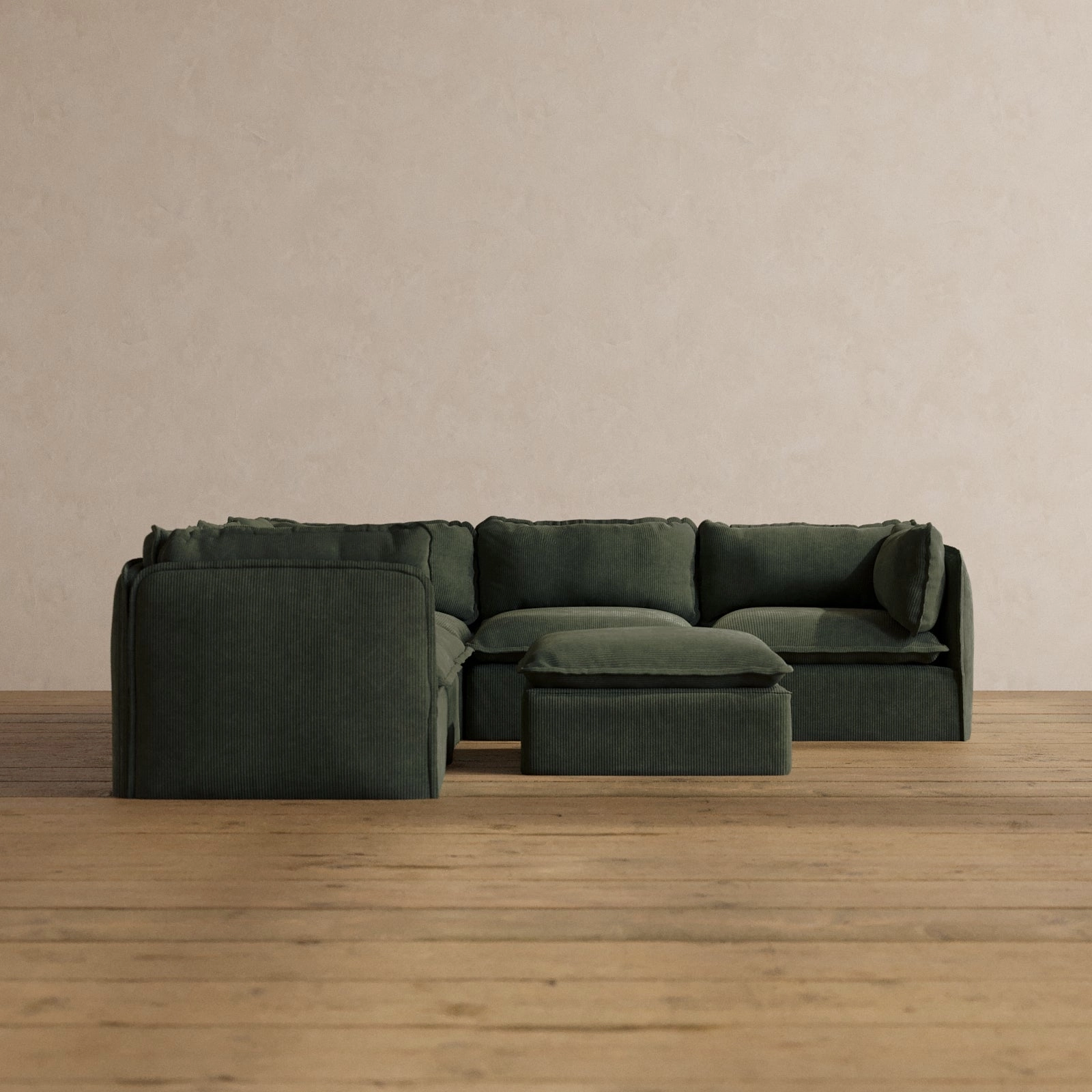 Modular Washable 5-Seater Corner Sectional   Ottoman in Olivine | Memorix  Seat | Contour Pillow