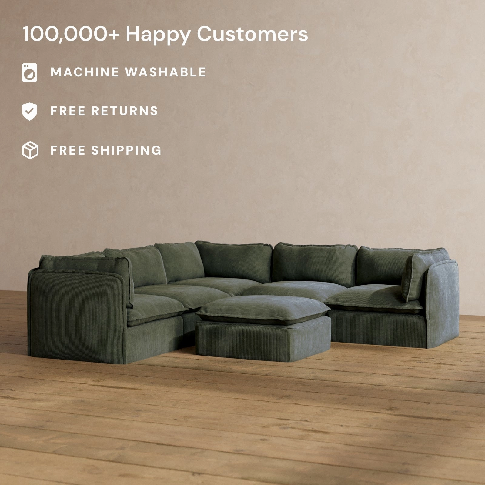 Modular Washable 5-Seater Corner Sectional   Ottoman in Olivine | Memorix  Seat | Contour Pillow