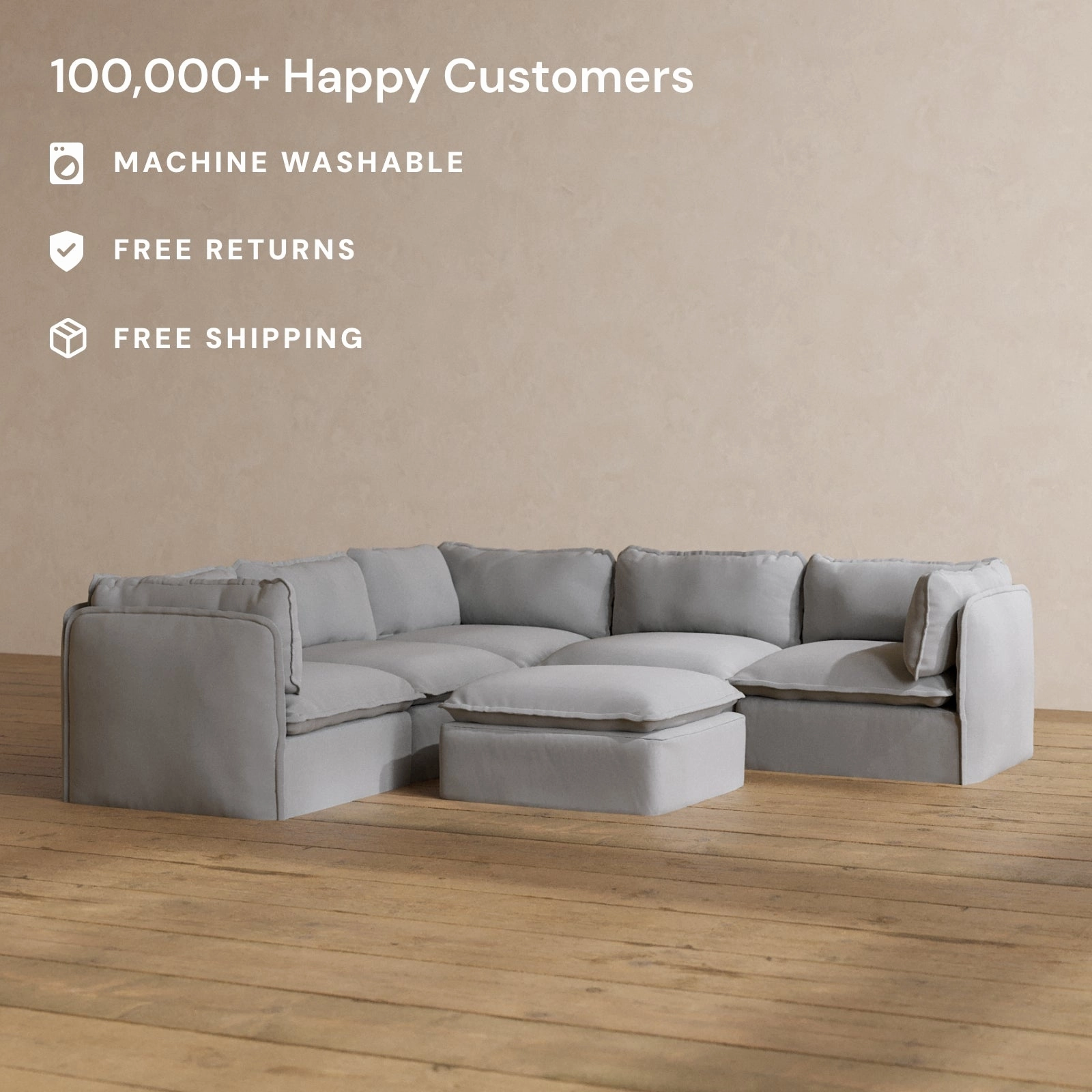 Modular Washable 5-Seater Corner Sectional   Ottoman in Pumice | Memorix  Seat | Contour Pillow