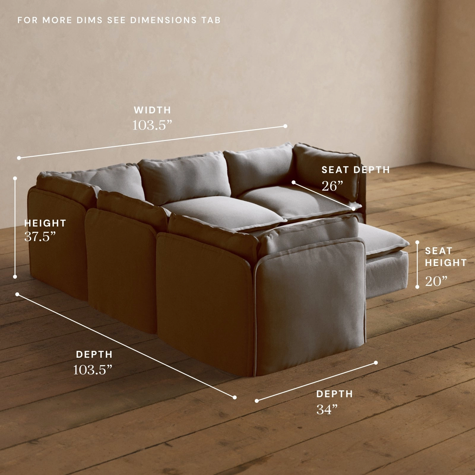 Modular Washable 5-Seater Corner Sectional   Ottoman in Pumice | Memorix  Seat | Contour Pillow