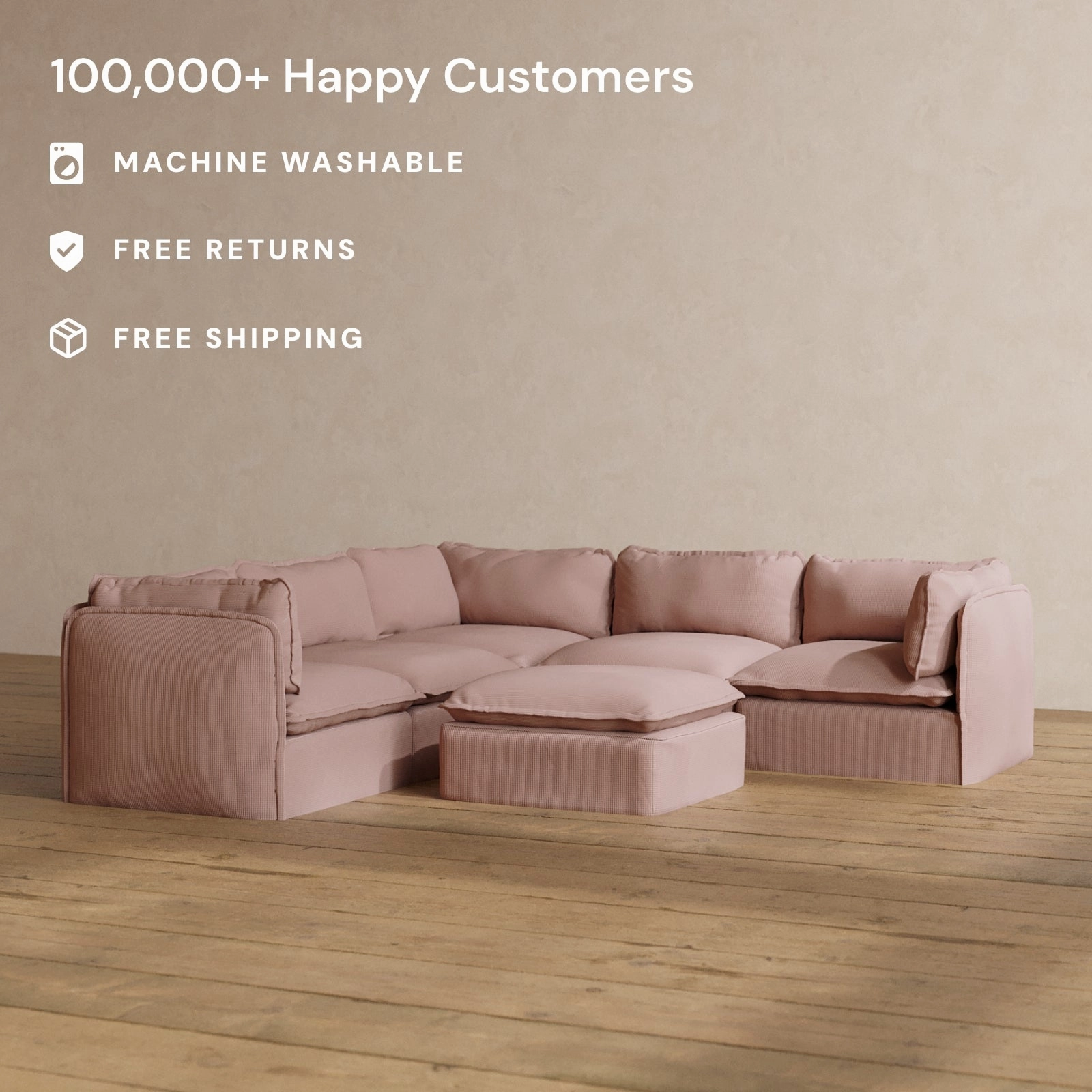 Modular Washable 5-Seater Corner Sectional   Ottoman in Sakura | Deluxe  Seat | Cloud Pillow