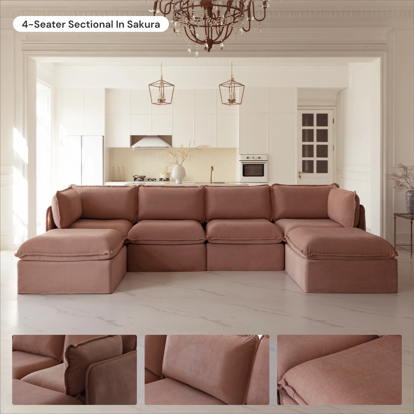 Modular Washable 5-Seater Corner Sectional   Ottoman in Sakura | Deluxe  Seat | Cloud Pillow