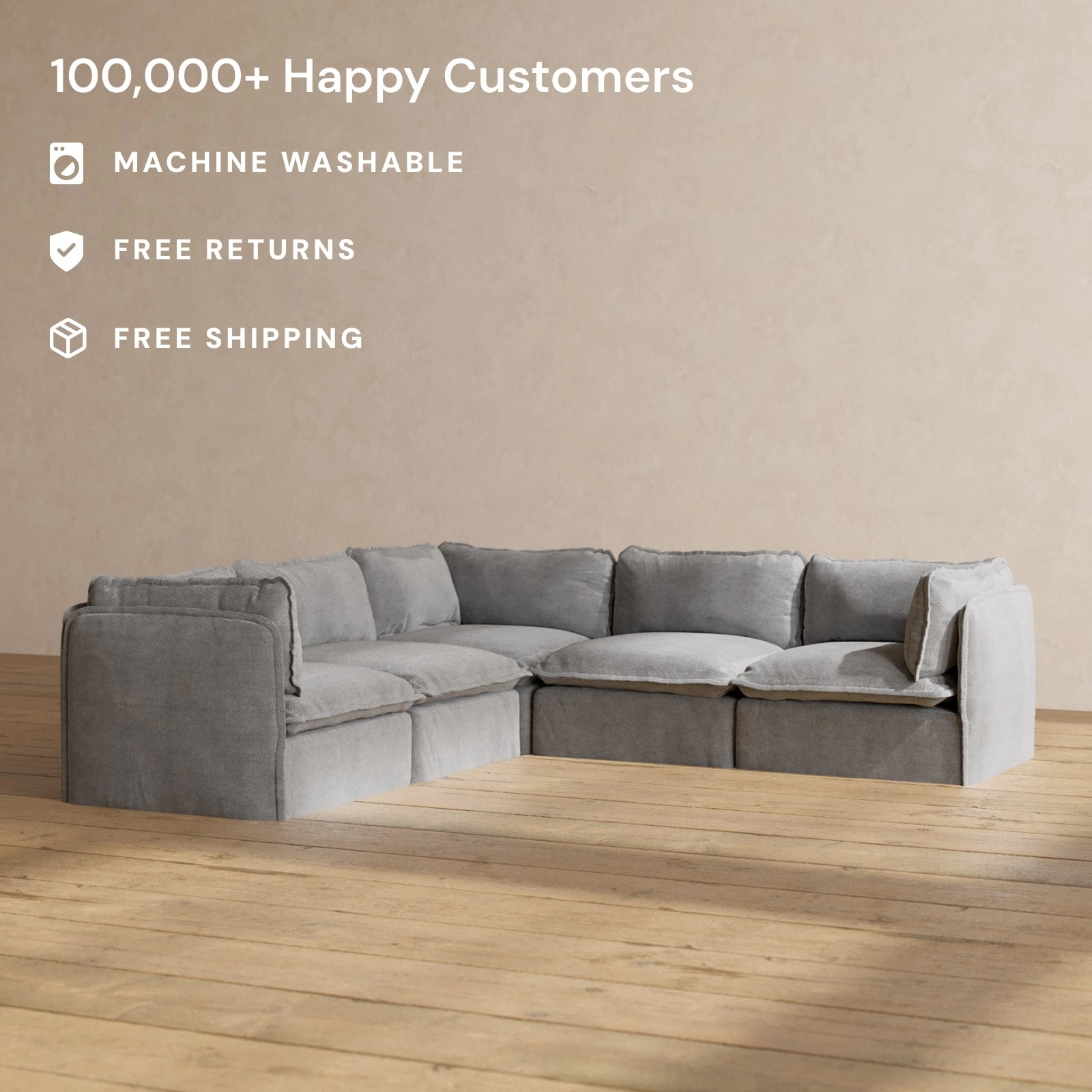 Modular Washable 5-Seater Corner Sectional in Ash | Deluxe  Seat | Cloud Pillow