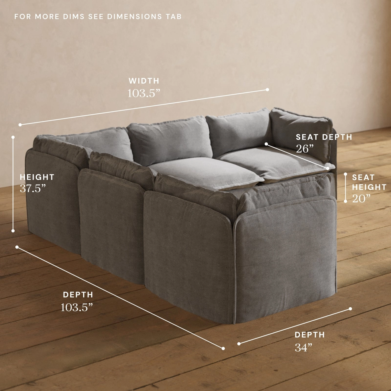Modular Washable 5-Seater Corner Sectional in Ash | Deluxe  Seat | Cloud Pillow