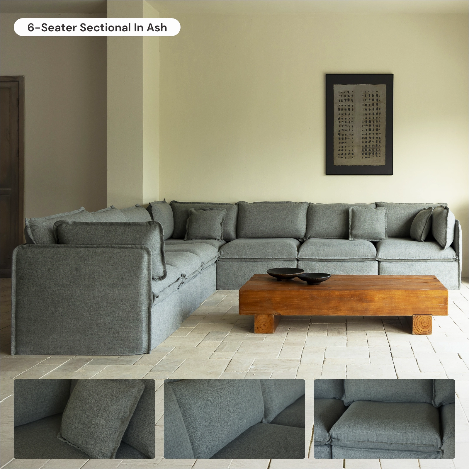 Modular Washable 5-Seater Corner Sectional in Ash | Deluxe  Seat | Cloud Pillow