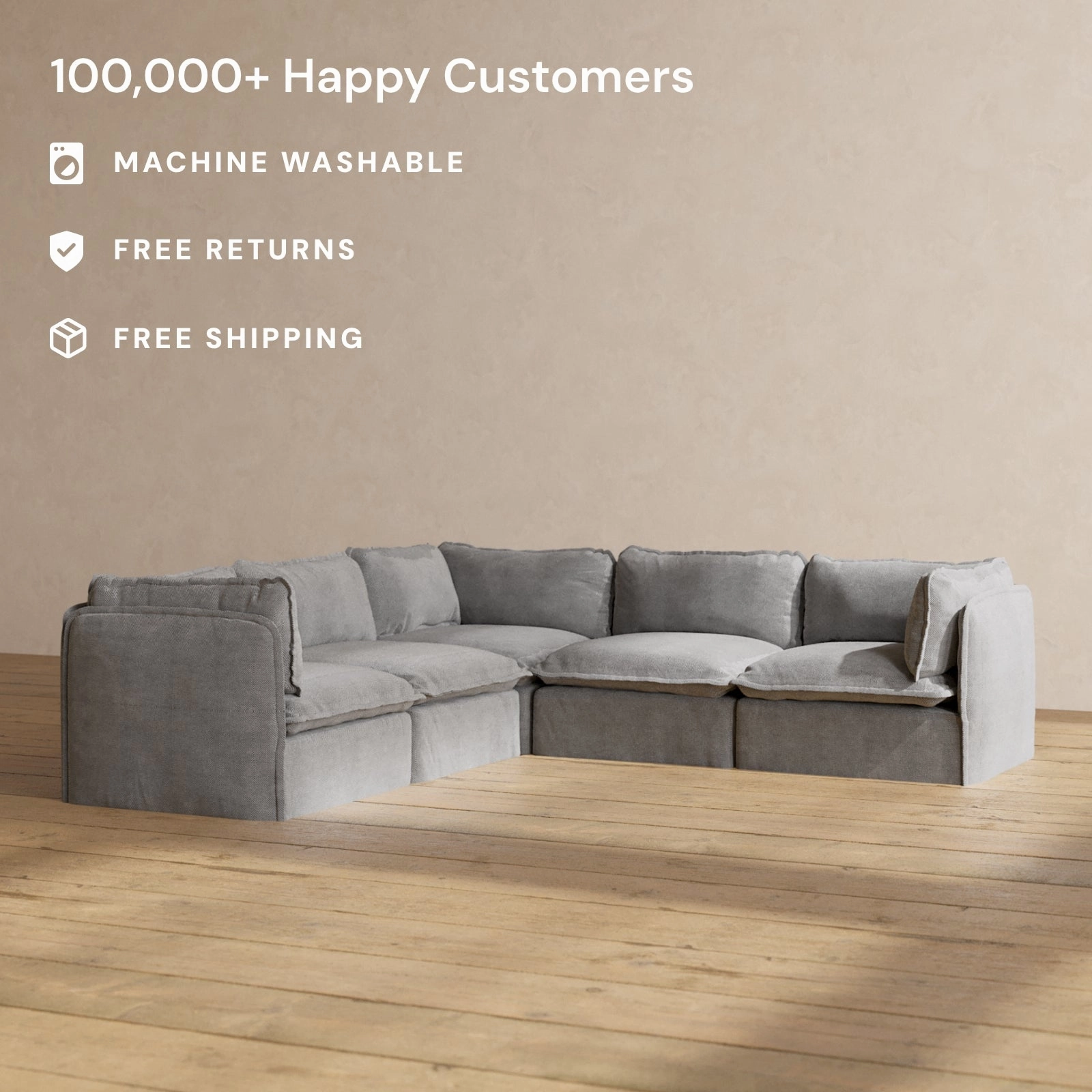 Modular Washable 5-Seater Corner Sectional in Ash | Memorix  Seat | Contour Pillow