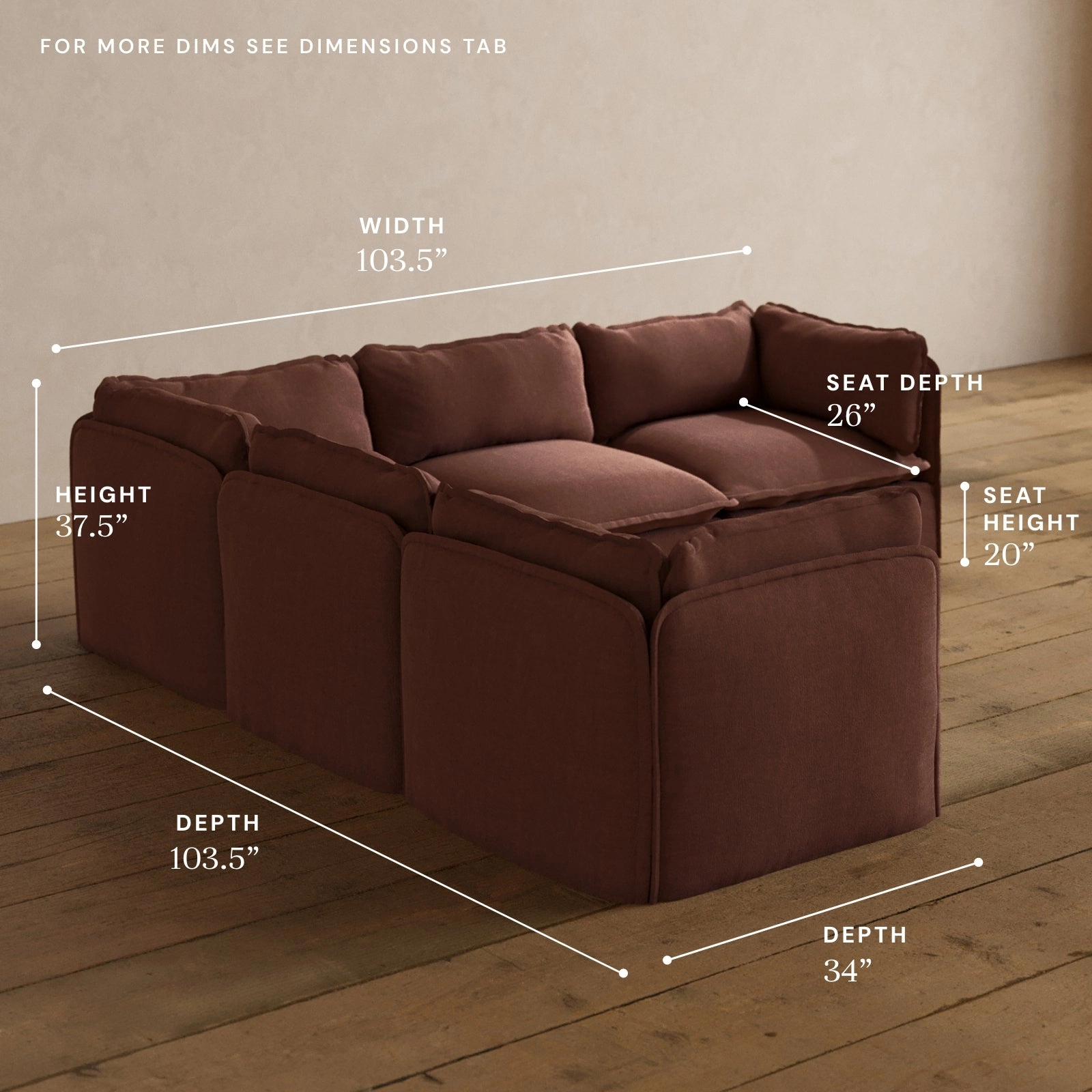 Modular Washable 5-Seater Corner Sectional in Chestnut | Deluxe  Seat | Cloud Pillow