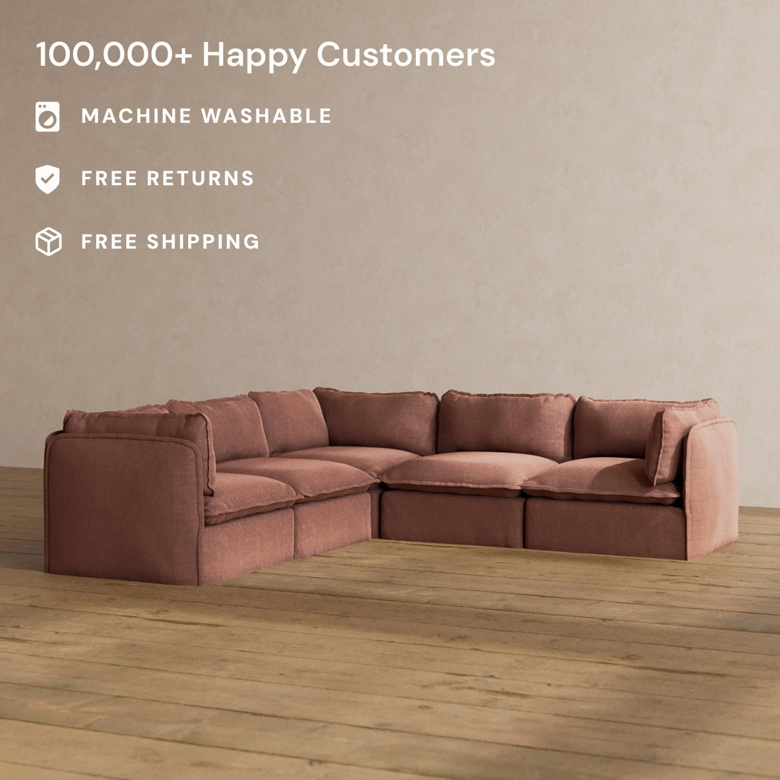 Modular Washable 5-Seater Corner Sectional in Chestnut | Deluxe  Seat | Cloud Pillow