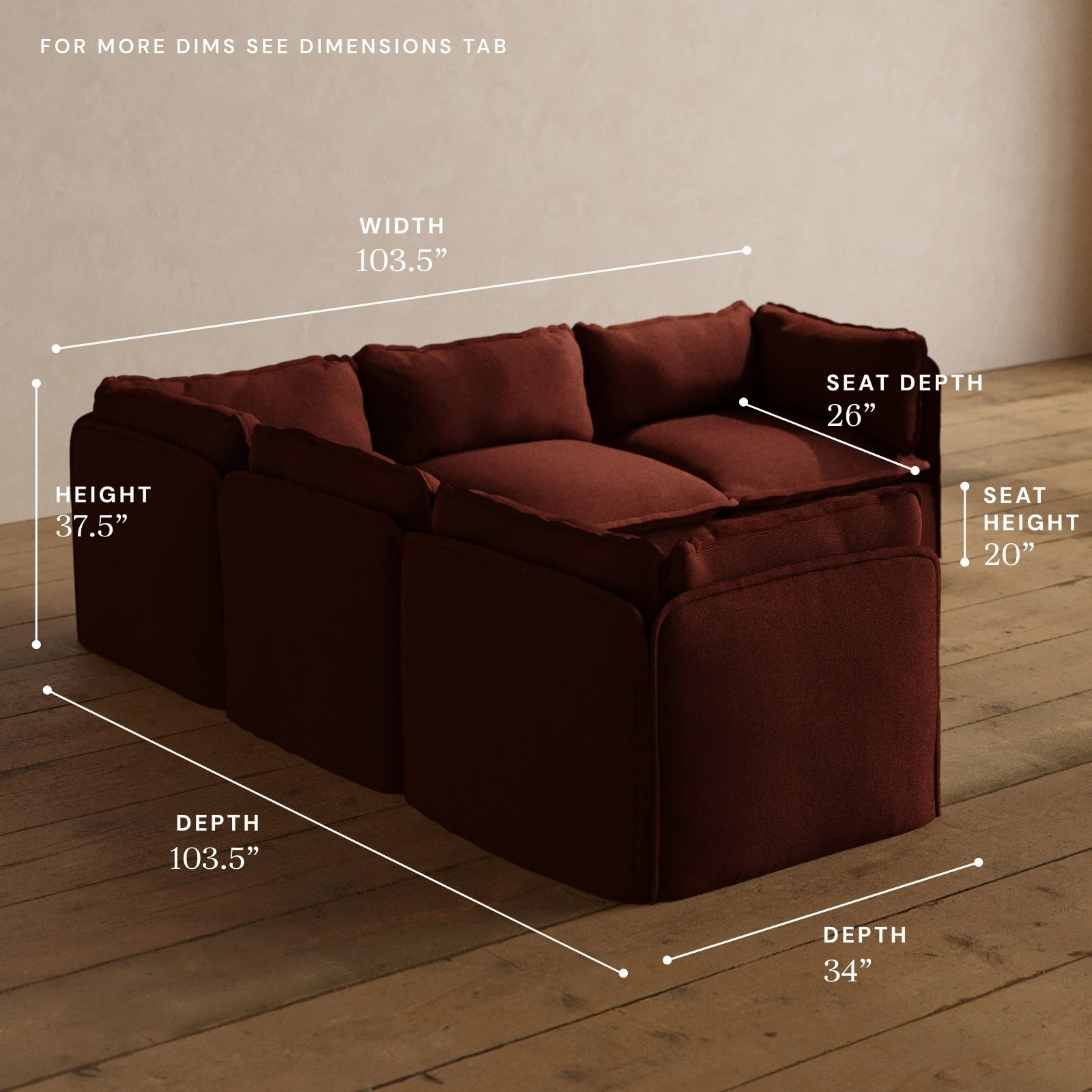 Modular Washable 5-Seater Corner Sectional in Rust | Deluxe  Seat | Cloud Pillow