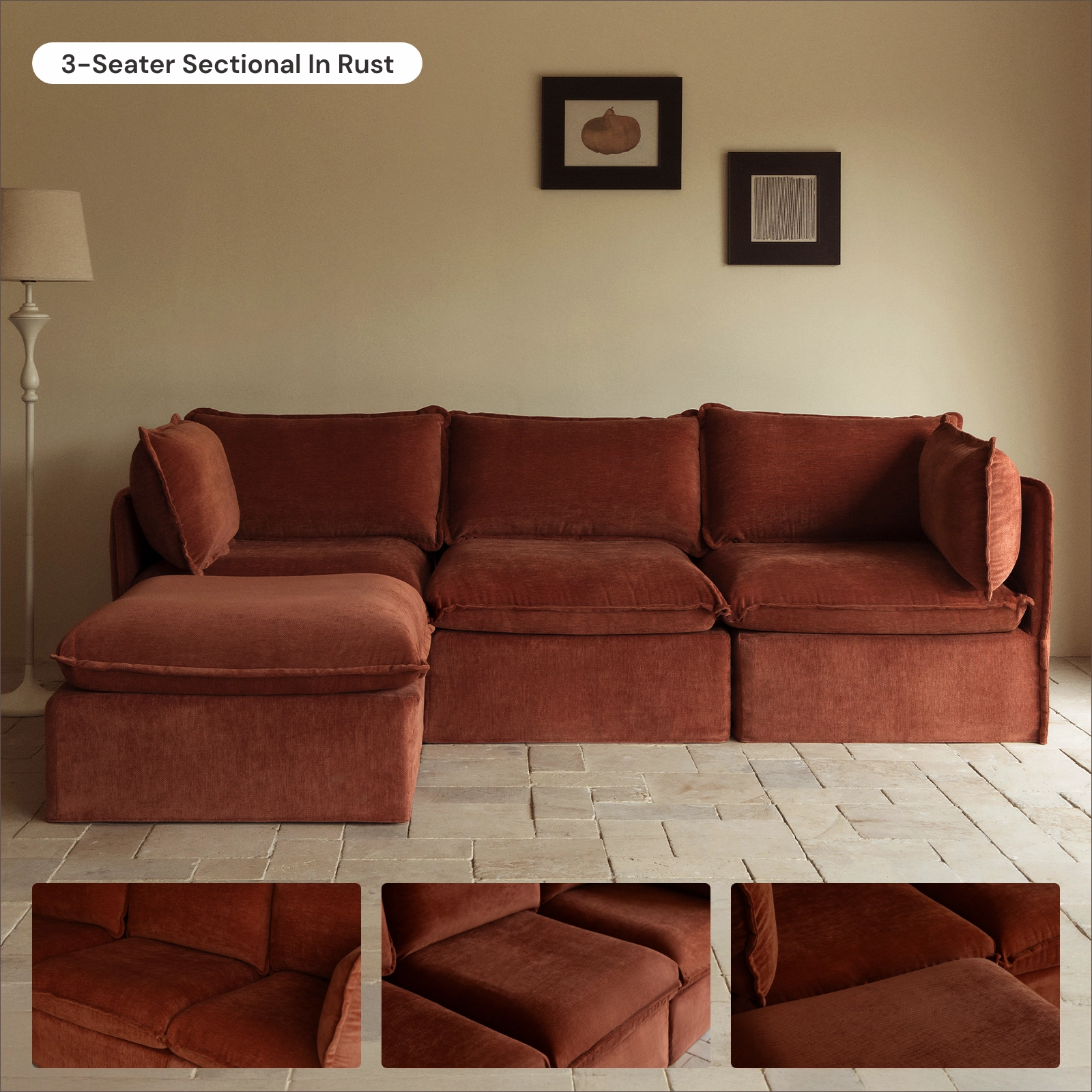 Modular Washable 5-Seater Corner Sectional in Rust | Deluxe  Seat | Cloud Pillow