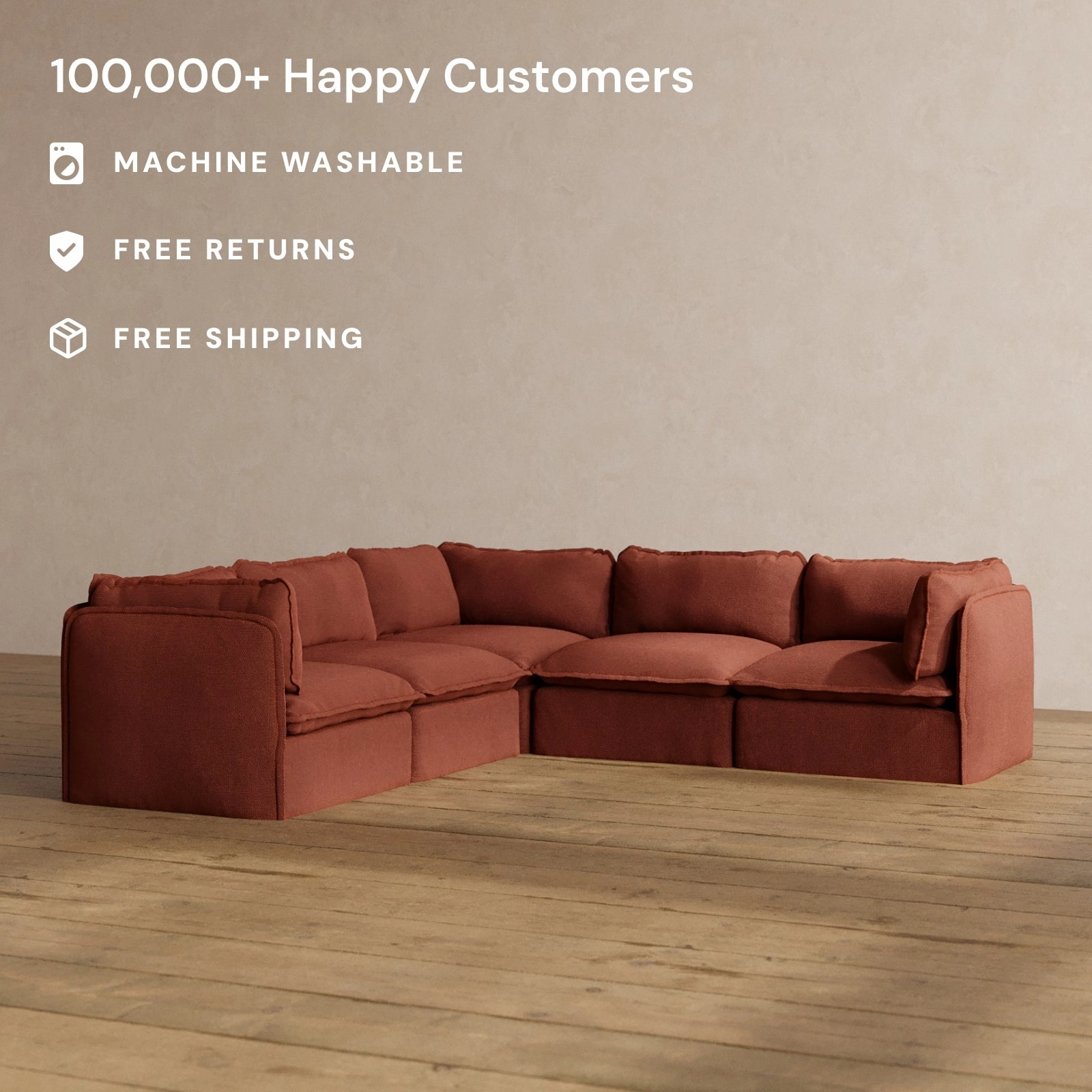 Modular Washable 5-Seater Corner Sectional in Rust | Deluxe  Seat | Cloud Pillow