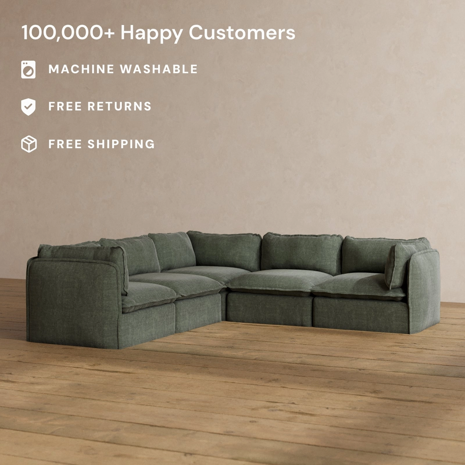 Modular Washable 5-Seater Corner Sectional in Willow | Deluxe  Seat | Cloud Pillow