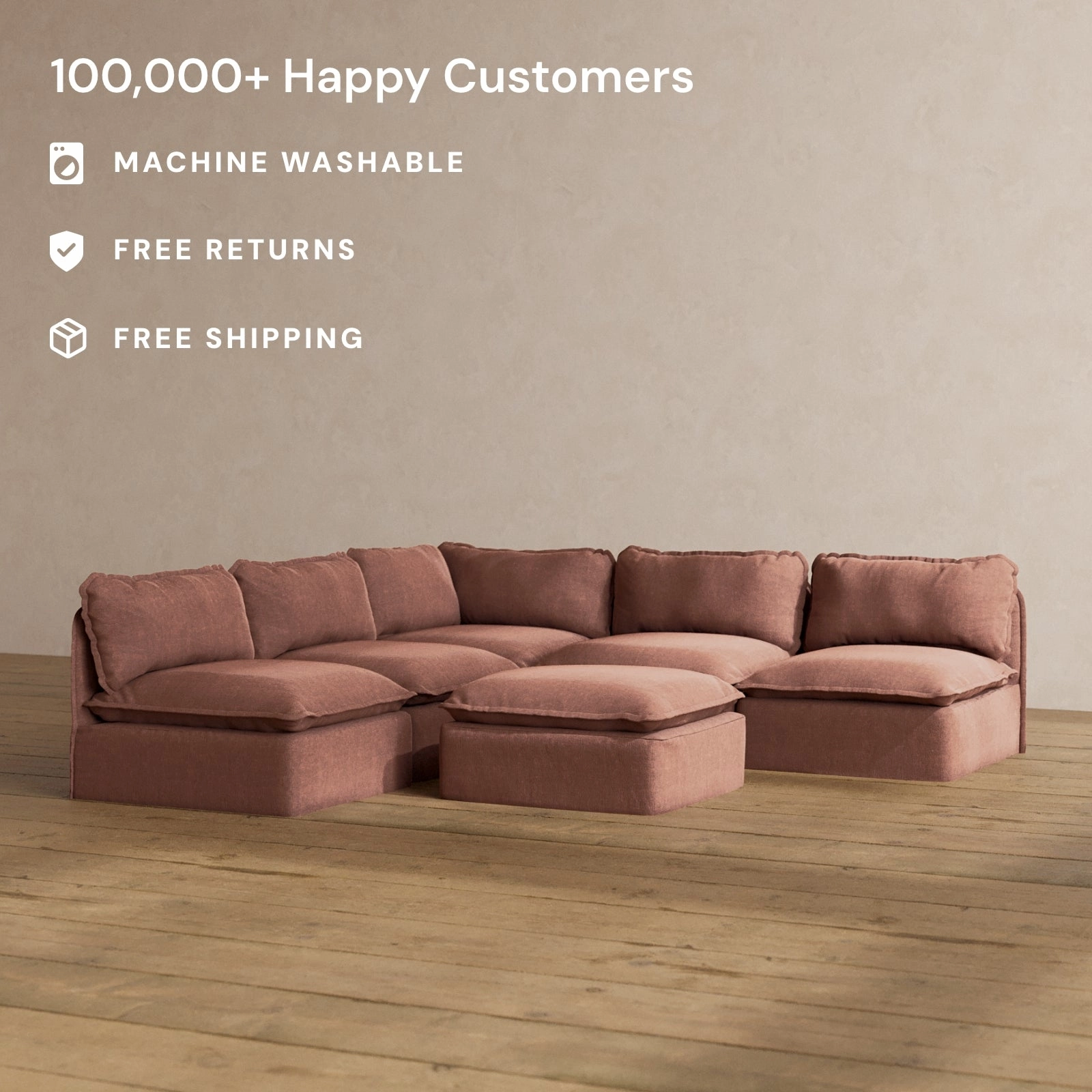Modular Washable 5-Seater Open-Ends Corner Sectional   Ottoman in Chestnut | Deluxe  Seat | Cloud Pillow