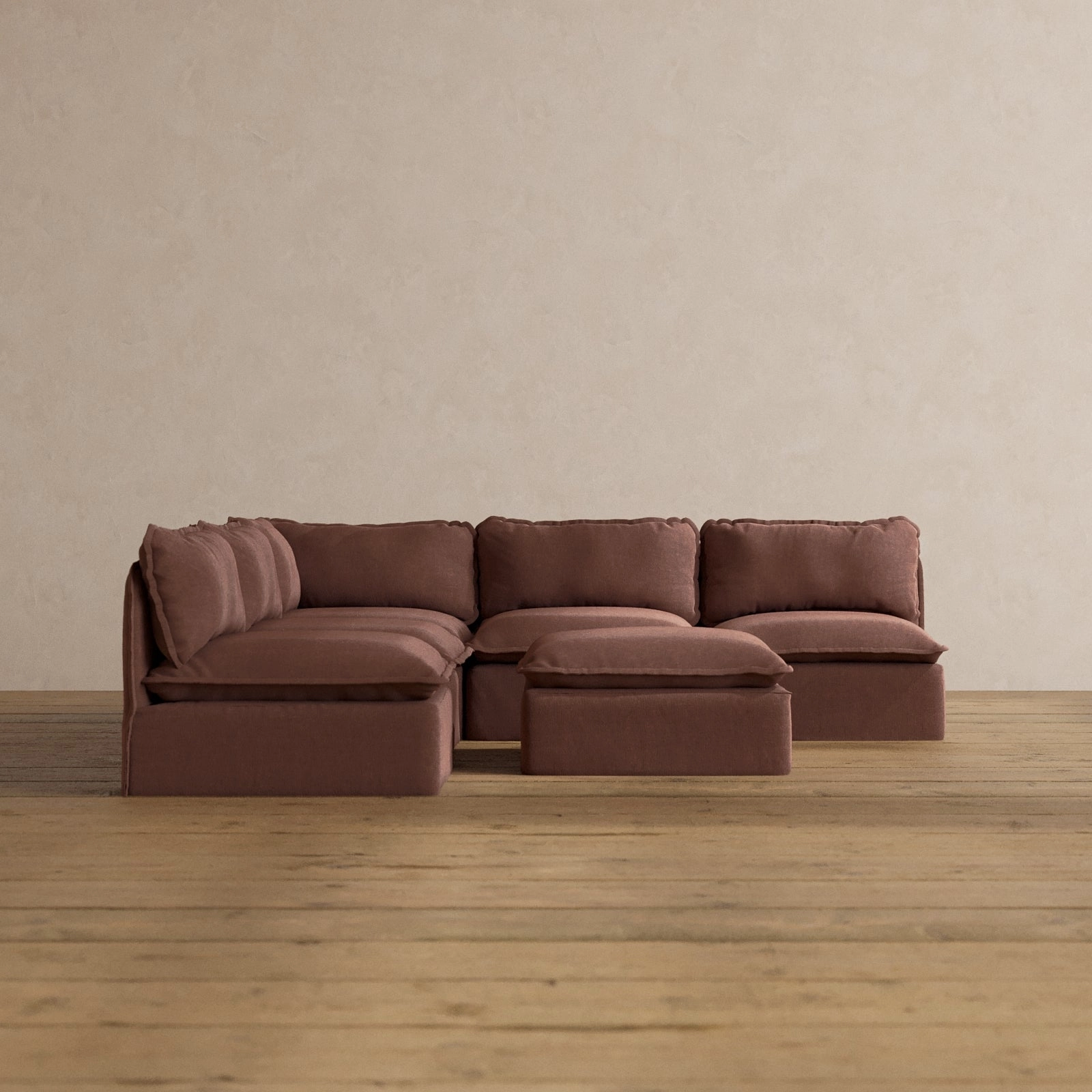Modular Washable 5-Seater Open-Ends Corner Sectional   Ottoman in Chestnut | Memorix  Seat | Contour Pillow