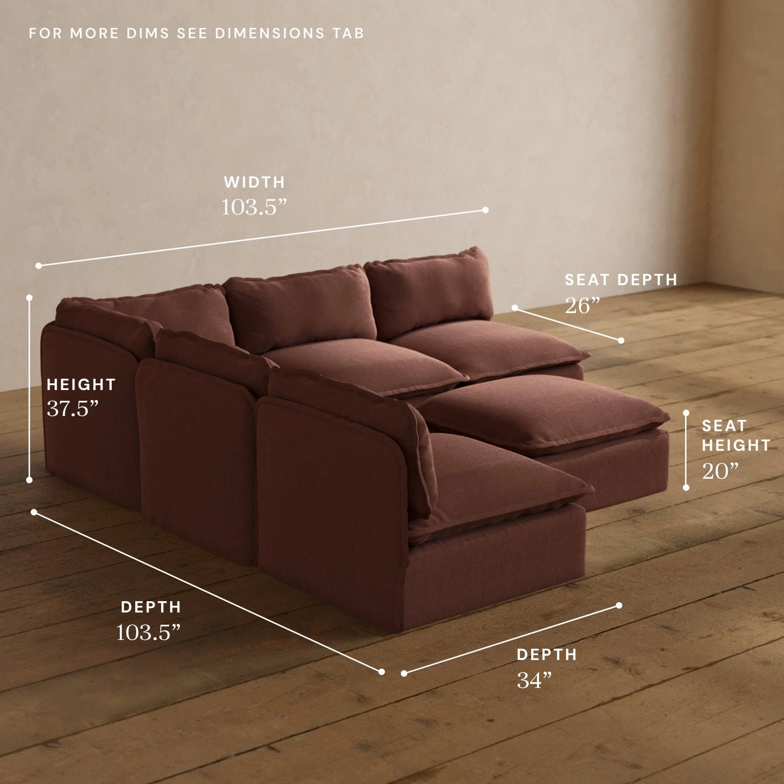 Modular Washable 5-Seater Open-Ends Corner Sectional   Ottoman in Chestnut | Memorix  Seat | Contour Pillow