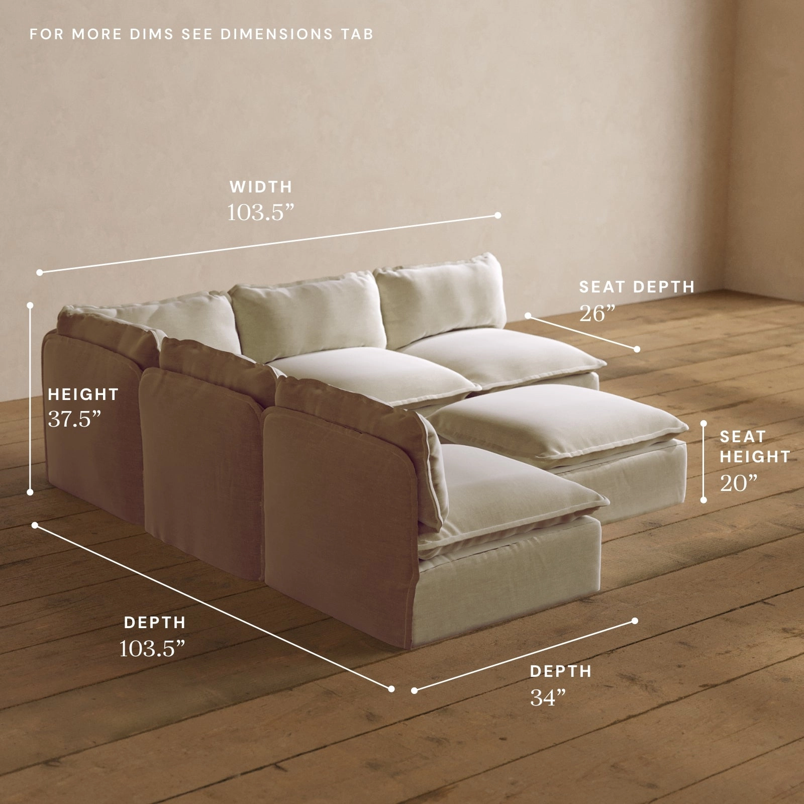 Modular Washable 5-Seater Open-Ends Corner Sectional   Ottoman in Coco | Deluxe  Seat | Cloud Pillow