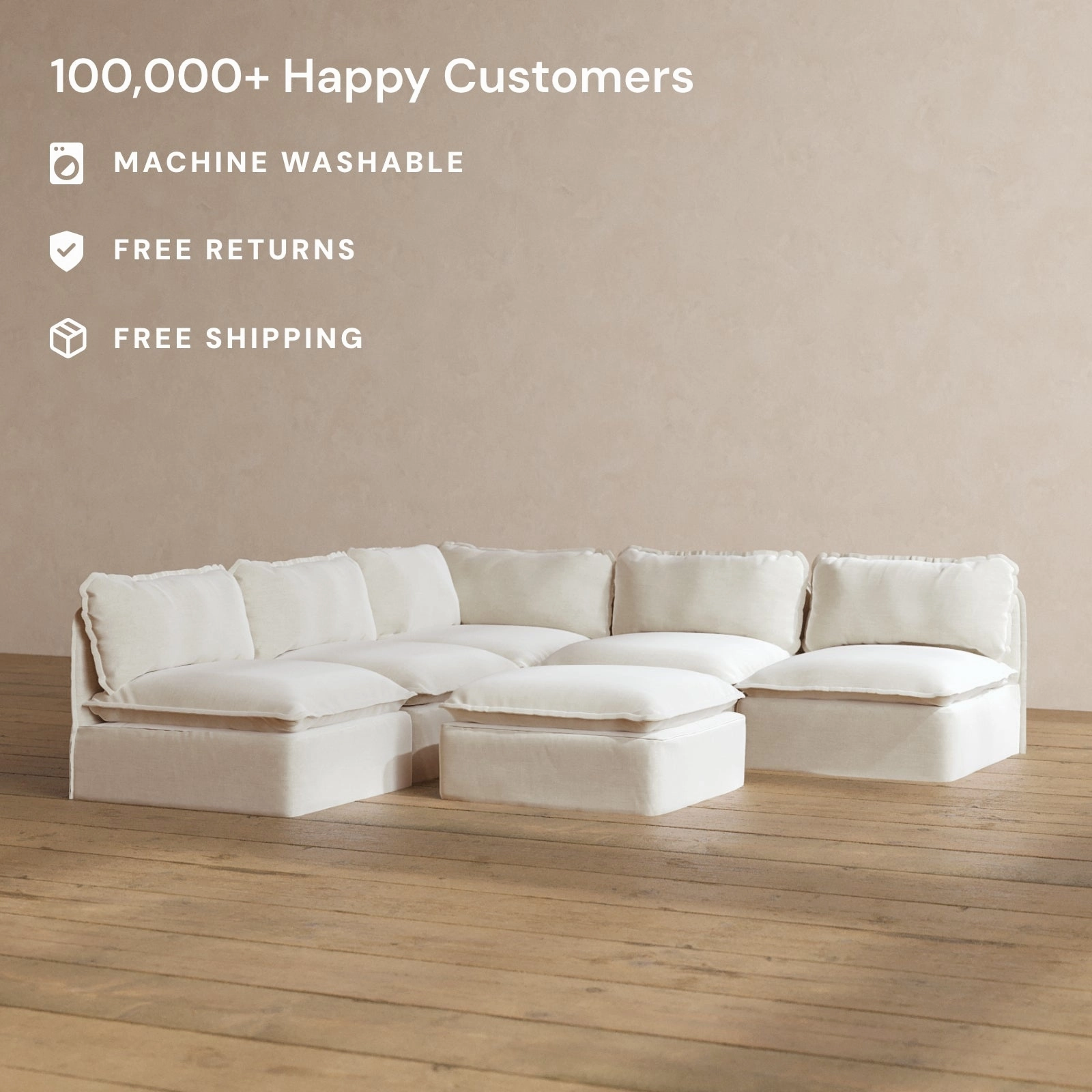 Modular Washable 5-Seater Open-Ends Corner Sectional   Ottoman in Coco | Deluxe  Seat | Cloud Pillow