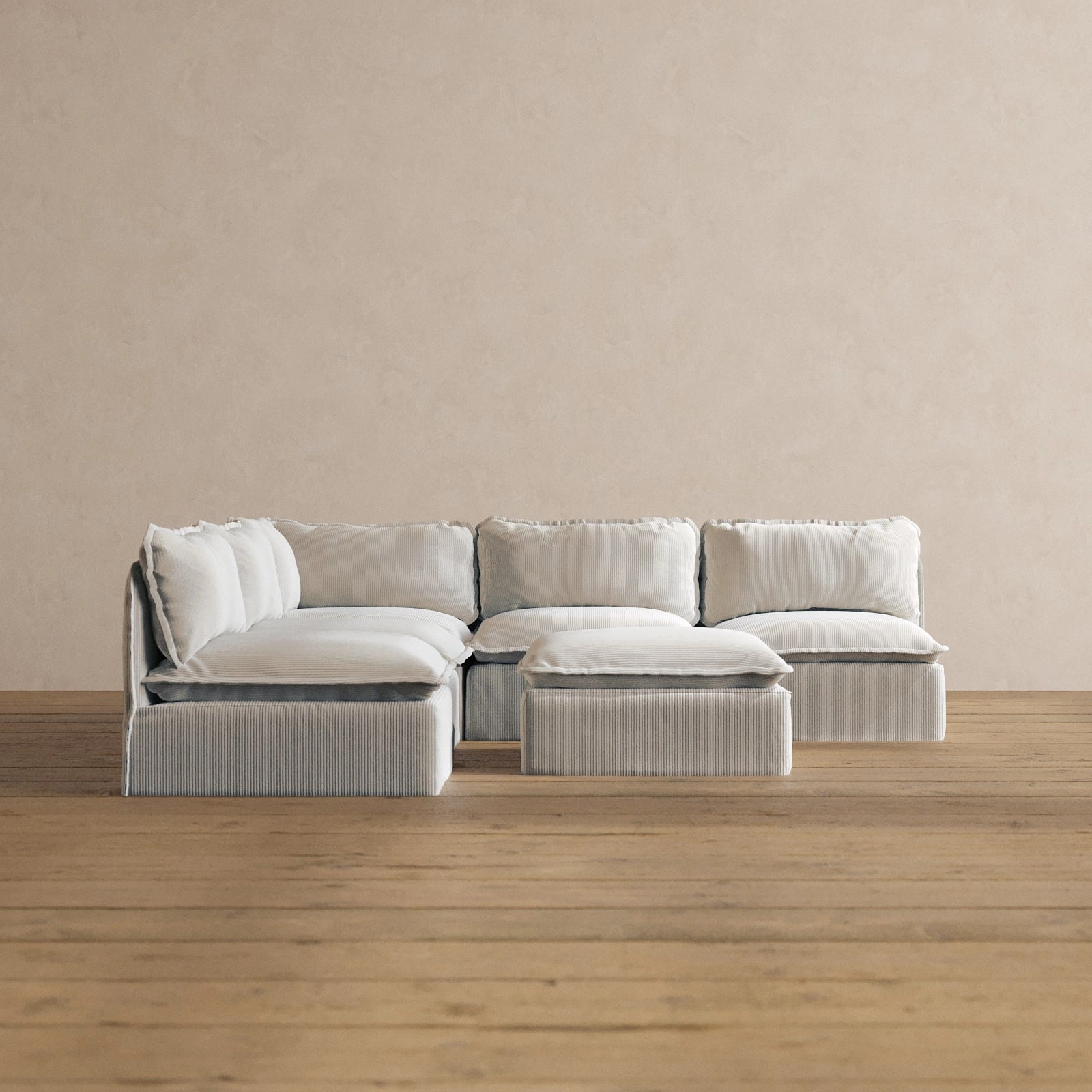 Modular Washable 5-Seater Open-Ends Corner Sectional   Ottoman in Milk | Deluxe  Seat | Cloud Pillow