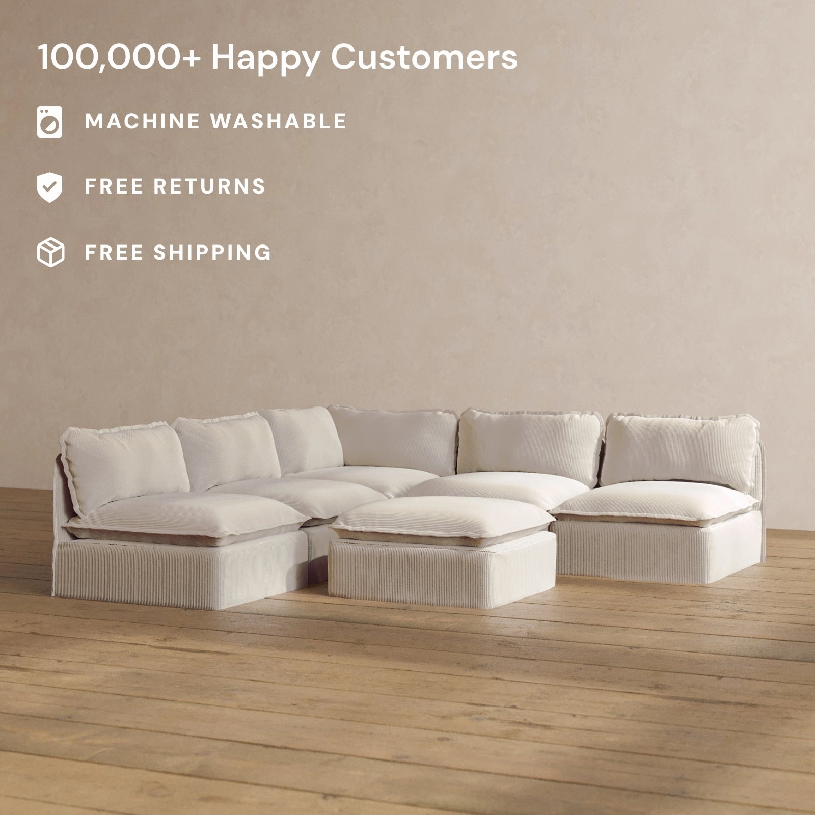 Modular Washable 5-Seater Open-Ends Corner Sectional   Ottoman in Milk | Deluxe  Seat | Cloud Pillow