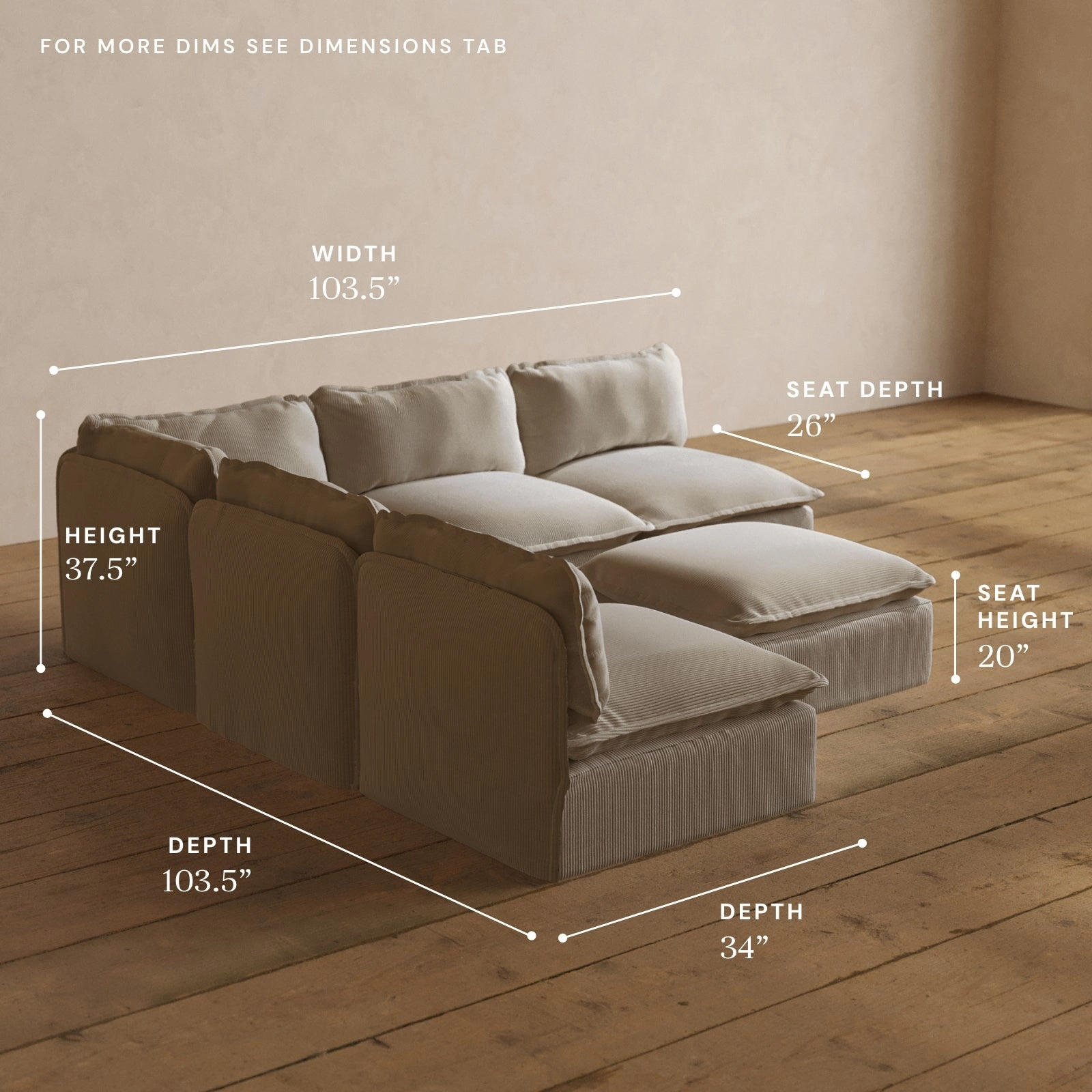 Modular Washable 5-Seater Open-Ends Corner Sectional   Ottoman in Milk | Deluxe  Seat | Cloud Pillow