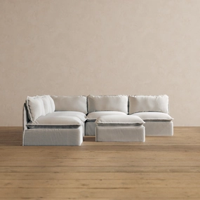 Modular Washable 5-Seater Open-Ends Corner Sectional   Ottoman in Milk | Deluxe  Seat | Cloud Pillow