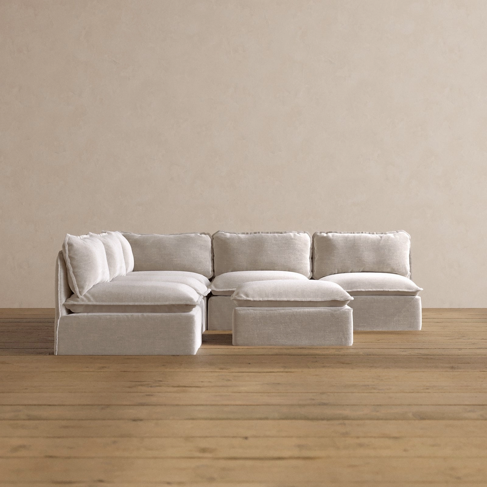 Modular Washable 5-Seater Open-Ends Corner Sectional   Ottoman in Mist | Deluxe  Seat | Cloud Pillow