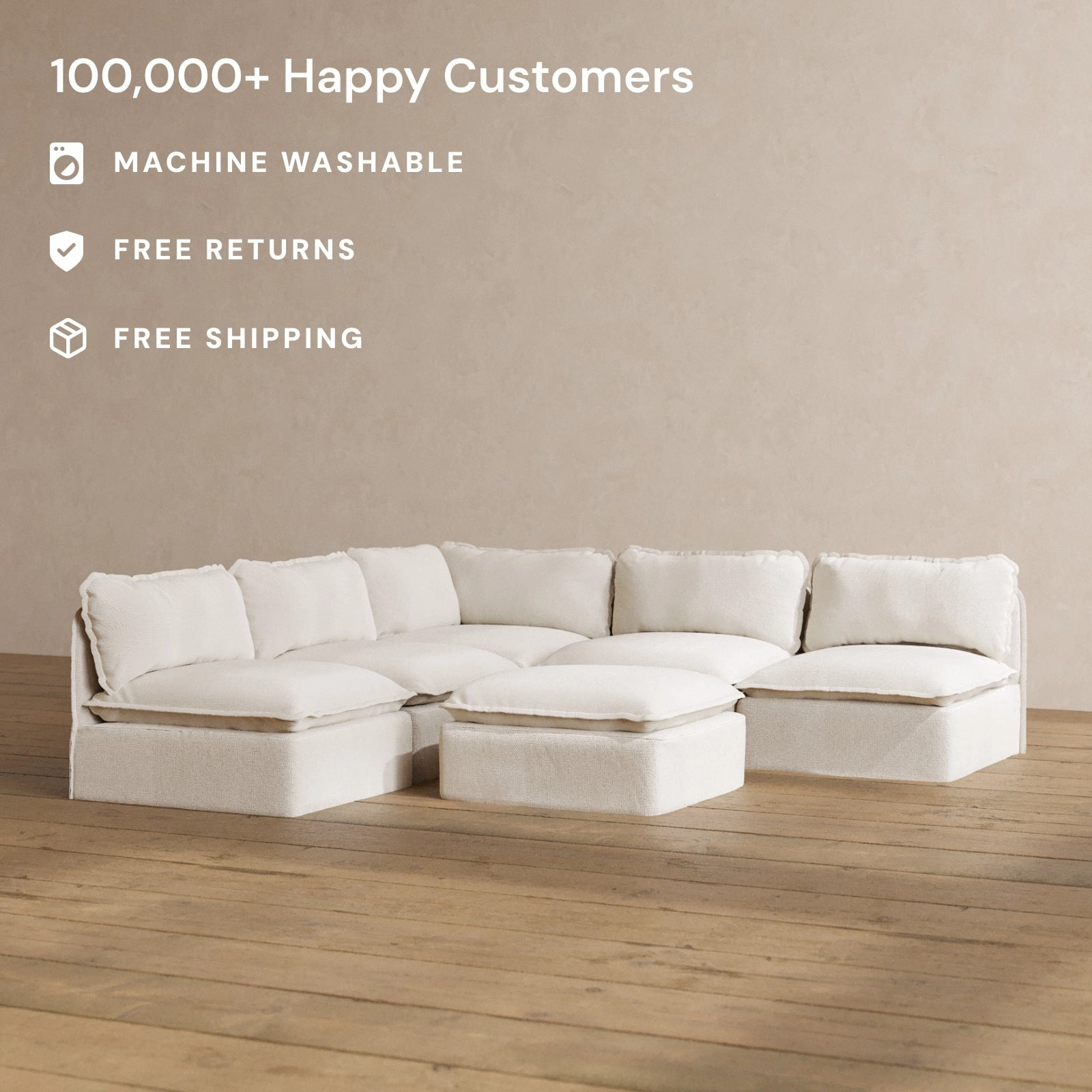Modular Washable 5-Seater Open-Ends Corner Sectional   Ottoman in Powder | Deluxe  Seat | Cloud Pillow