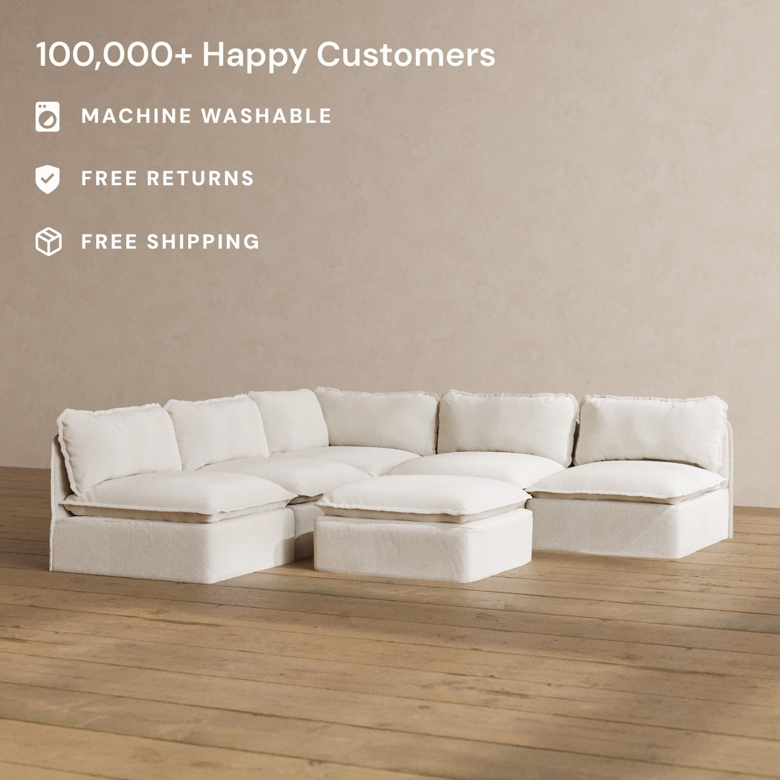 Modular Washable 5-Seater Open-Ends Corner Sectional   Ottoman in Powder | Memorix  Seat | Contour Pillow