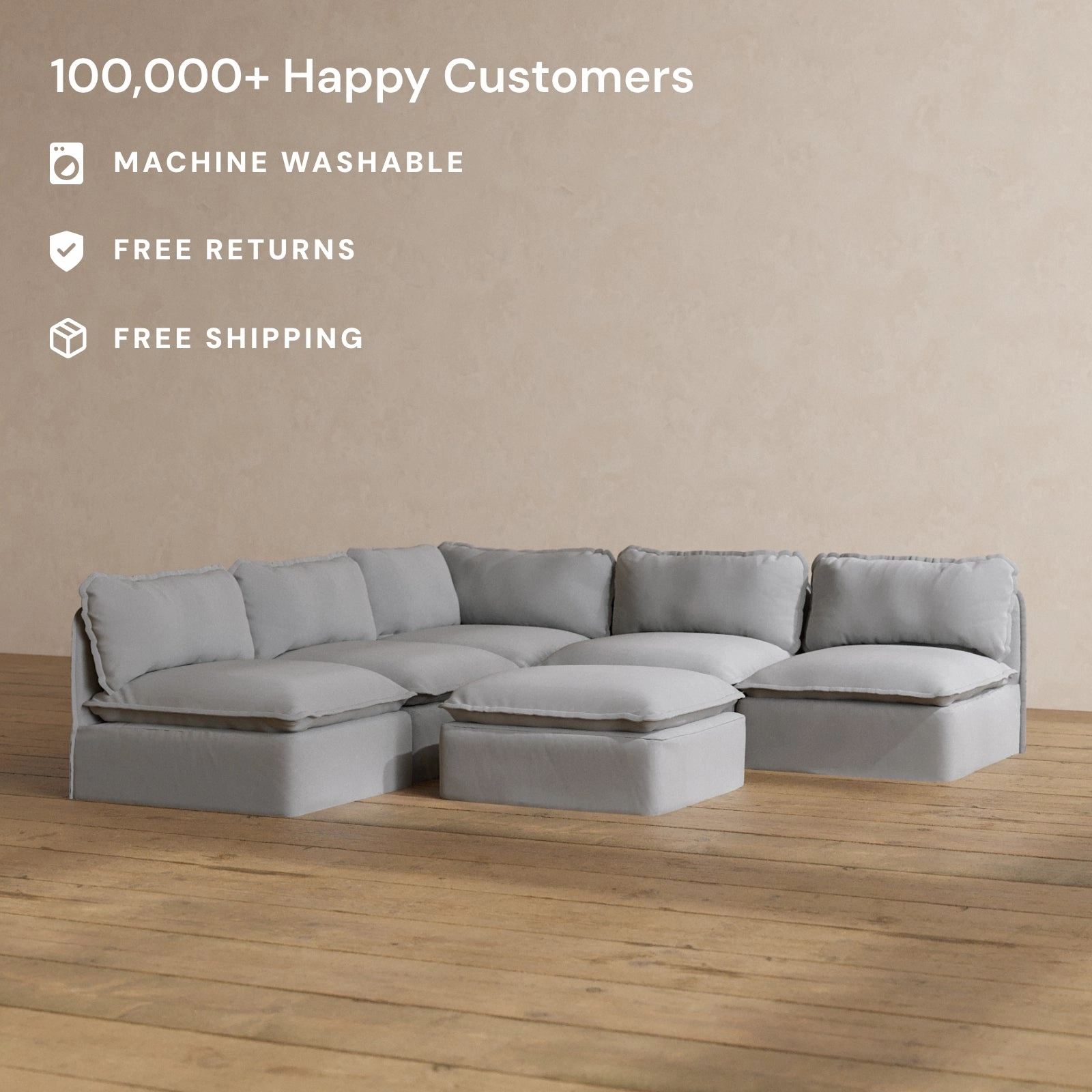 Modular Washable 5-Seater Open-Ends Corner Sectional   Ottoman in Pumice | Deluxe  Seat | Cloud Pillow
