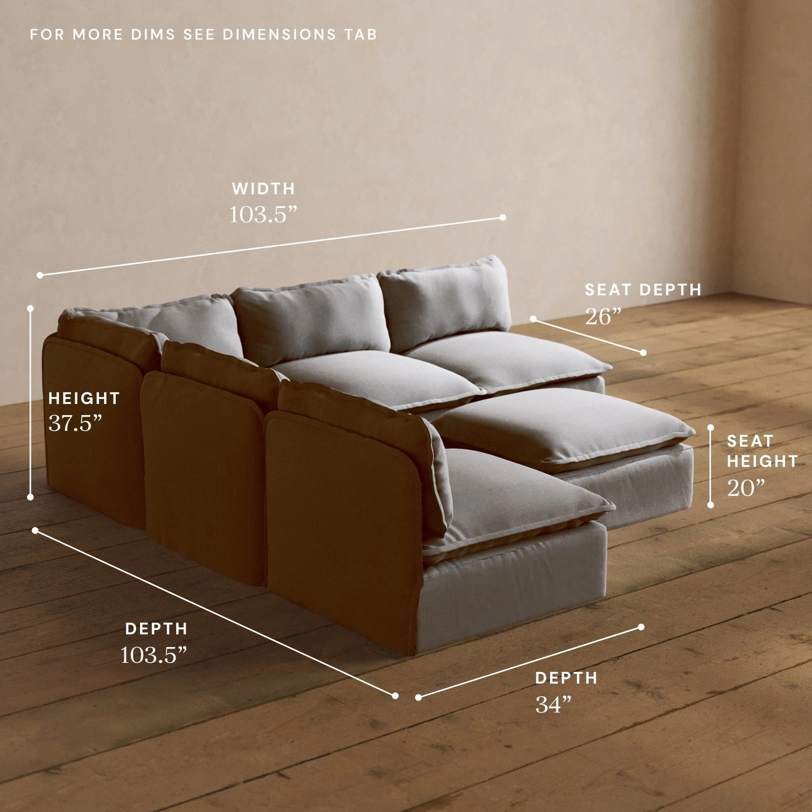 Modular Washable 5-Seater Open-Ends Corner Sectional   Ottoman in Pumice | Deluxe  Seat | Cloud Pillow