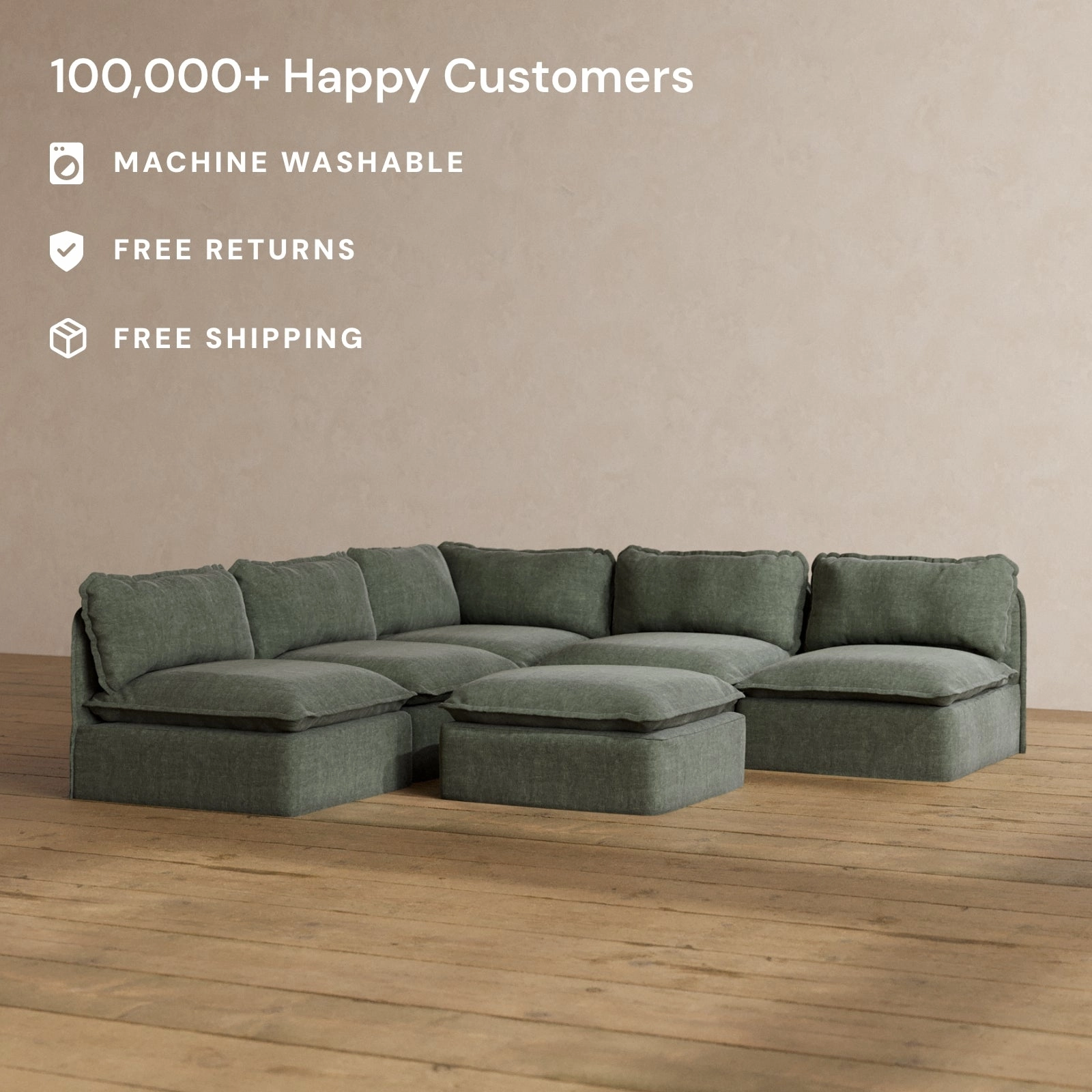 Modular Washable 5-Seater Open-Ends Corner Sectional   Ottoman in Willow | Deluxe  Seat | Cloud Pillow