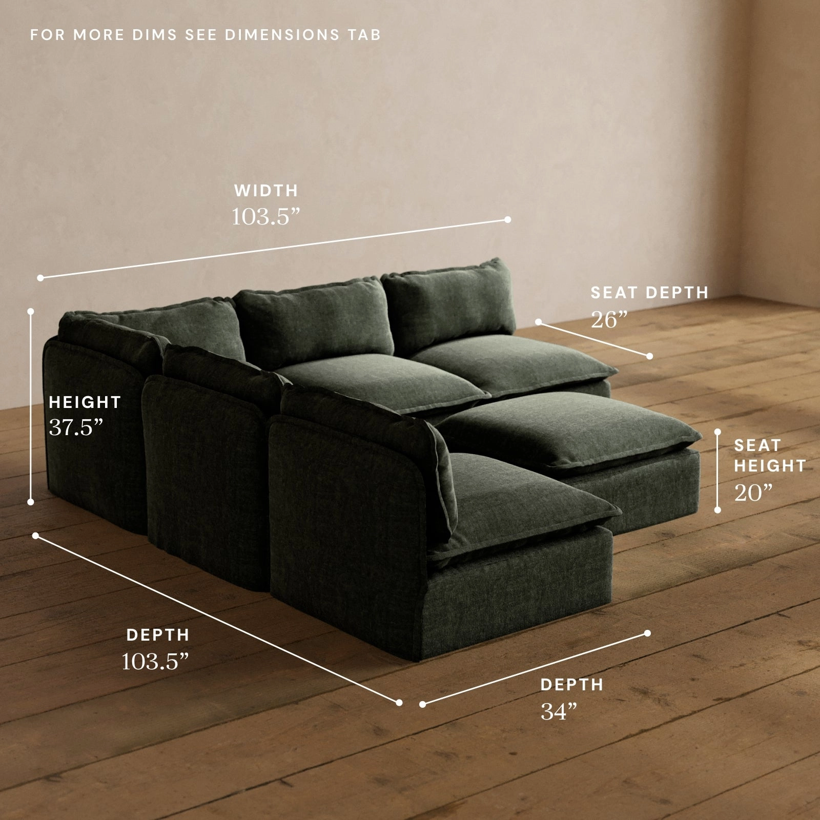 Modular Washable 5-Seater Open-Ends Corner Sectional   Ottoman in Willow | Deluxe  Seat | Cloud Pillow