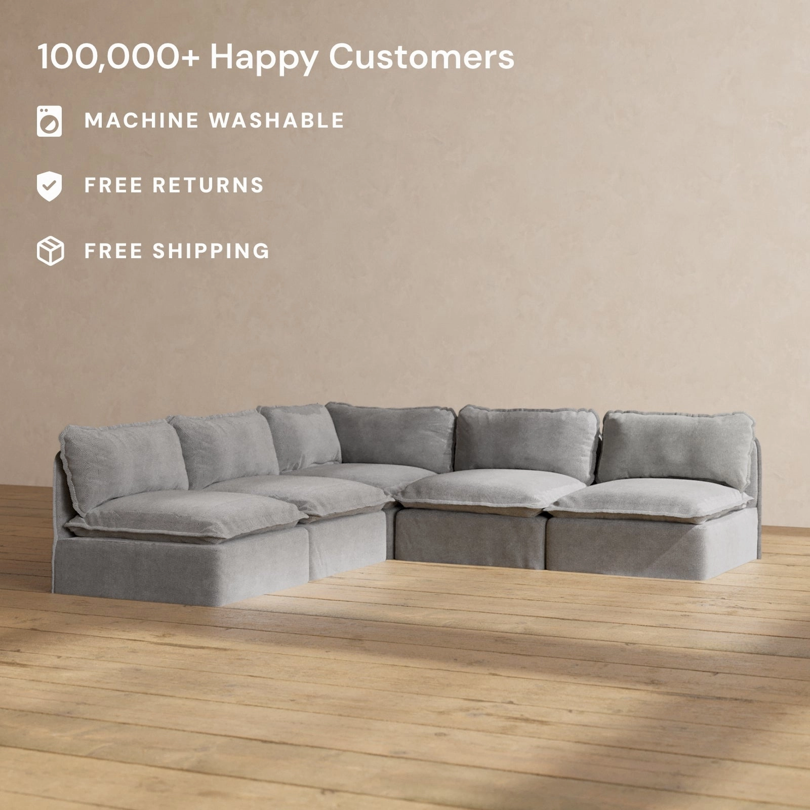 Modular Washable 5-Seater Open-Ends Corner Sectional in Ash | Deluxe  Seat | Cloud Pillow