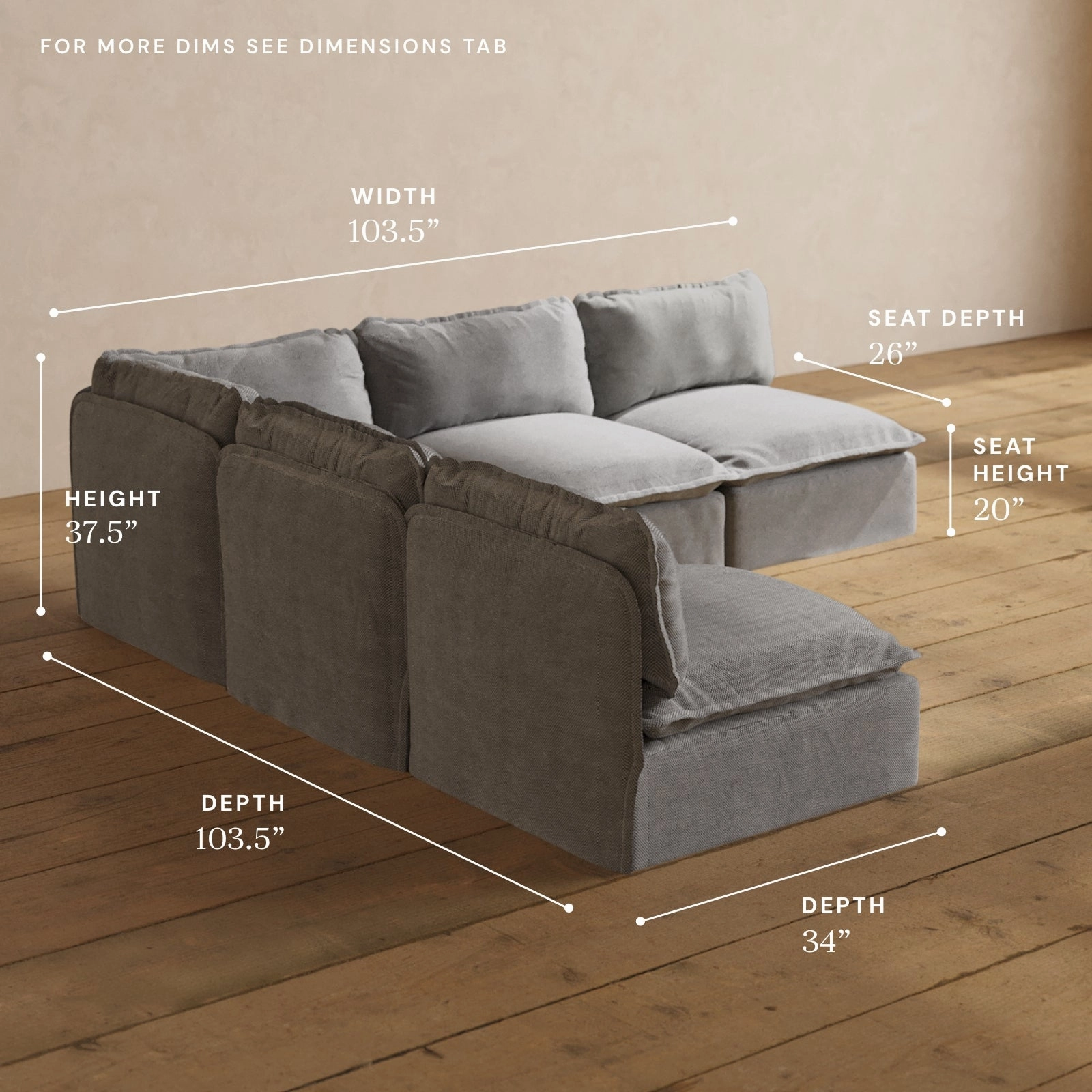 Modular Washable 5-Seater Open-Ends Corner Sectional in Ash | Deluxe  Seat | Cloud Pillow