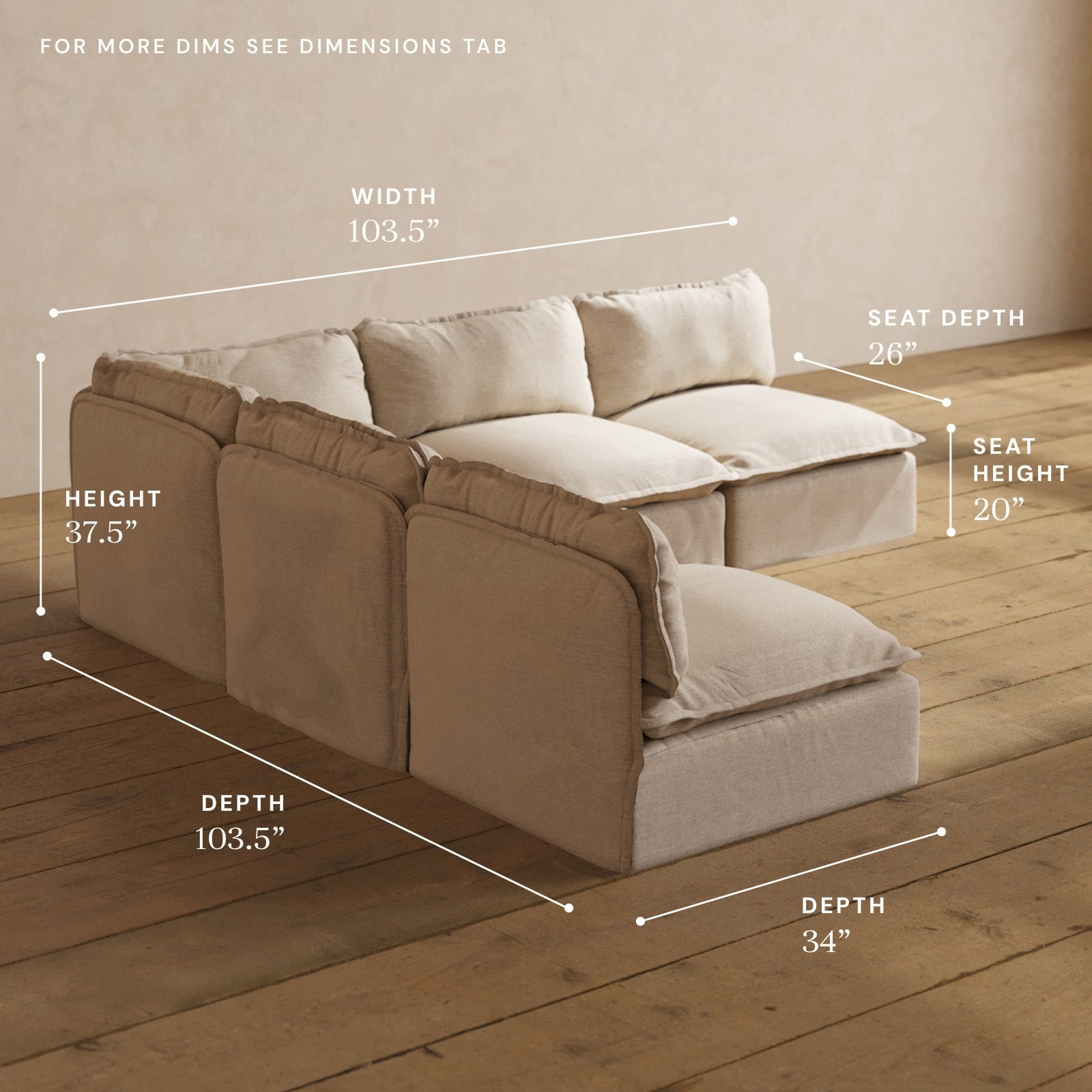 Modular Washable 5-Seater Open-Ends Corner Sectional in Oat | Deluxe  Seat | Cloud Pillow