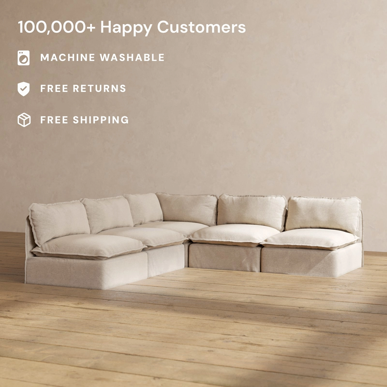 Modular Washable 5-Seater Open-Ends Corner Sectional in Oat | Deluxe  Seat | Cloud Pillow