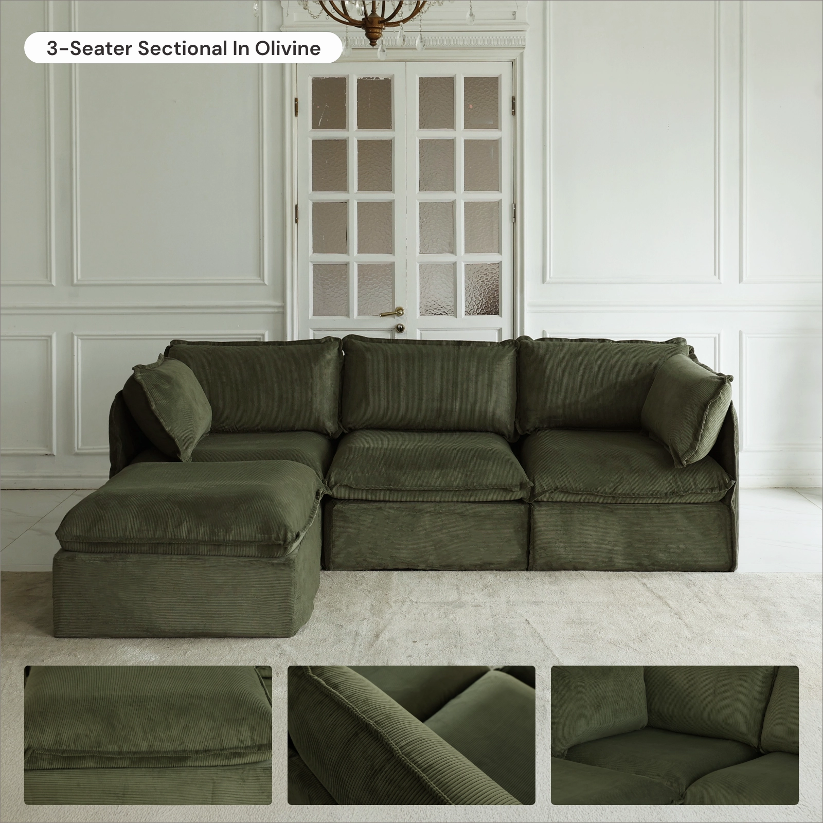 Modular Washable 5-Seater Open-Ends Corner Sectional in Olivine | Deluxe  Seat | Cloud Pillow