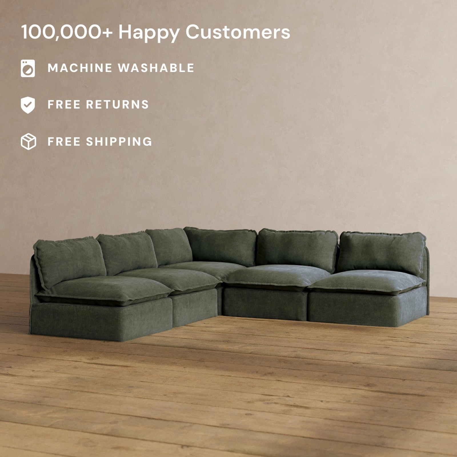Modular Washable 5-Seater Open-Ends Corner Sectional in Olivine | Deluxe  Seat | Cloud Pillow