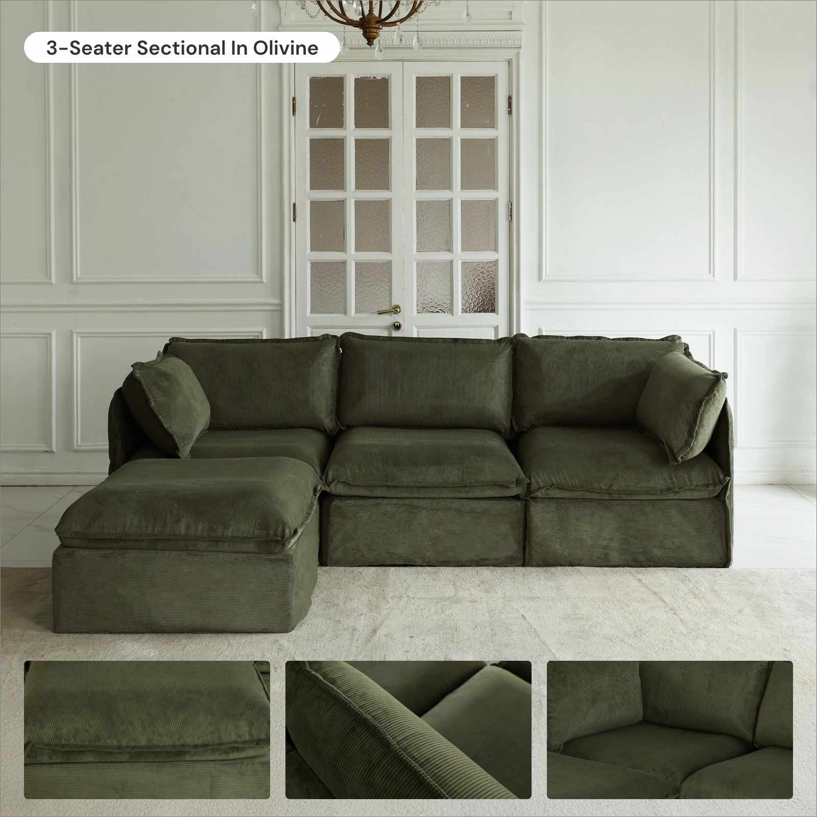 Modular Washable 5-Seater Open-Ends Corner Sectional in Olivine | Memorix  Seat | Contour Pillow