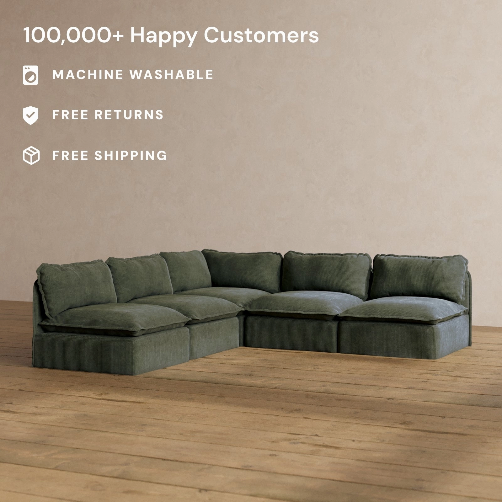 Modular Washable 5-Seater Open-Ends Corner Sectional in Olivine | Memorix  Seat | Contour Pillow